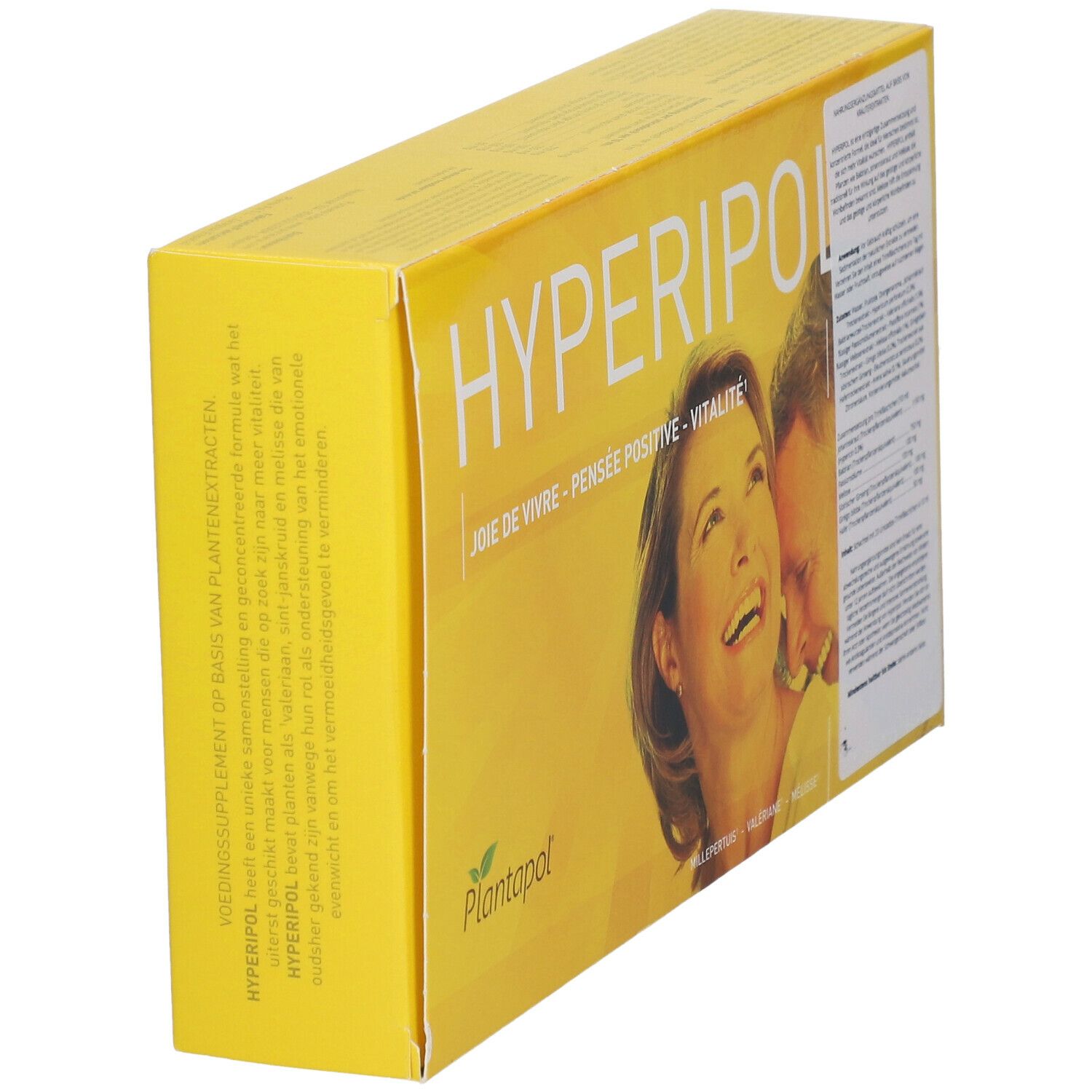 Boîte jaune "HYPERIPOL". Image d'un couple souriant. Texte sur le côté. Logo Plantapol.