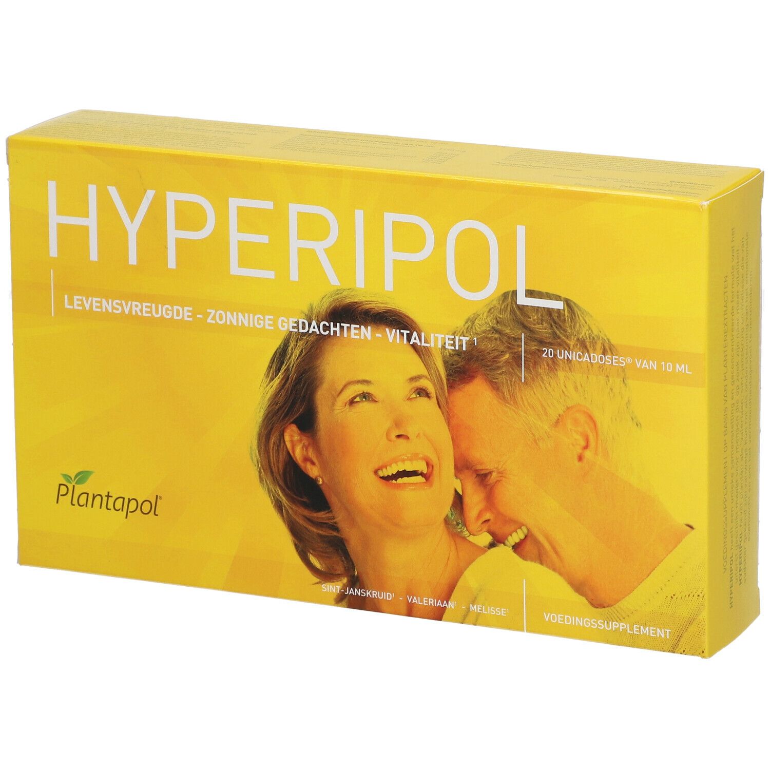 Boîte jaune "HYPERIPOL". Image d'un couple souriant. Inscription "LEVENSVREUGDE - ZONNIGE GEDACHTEN - VITALITEIT". Logo Plantapol.