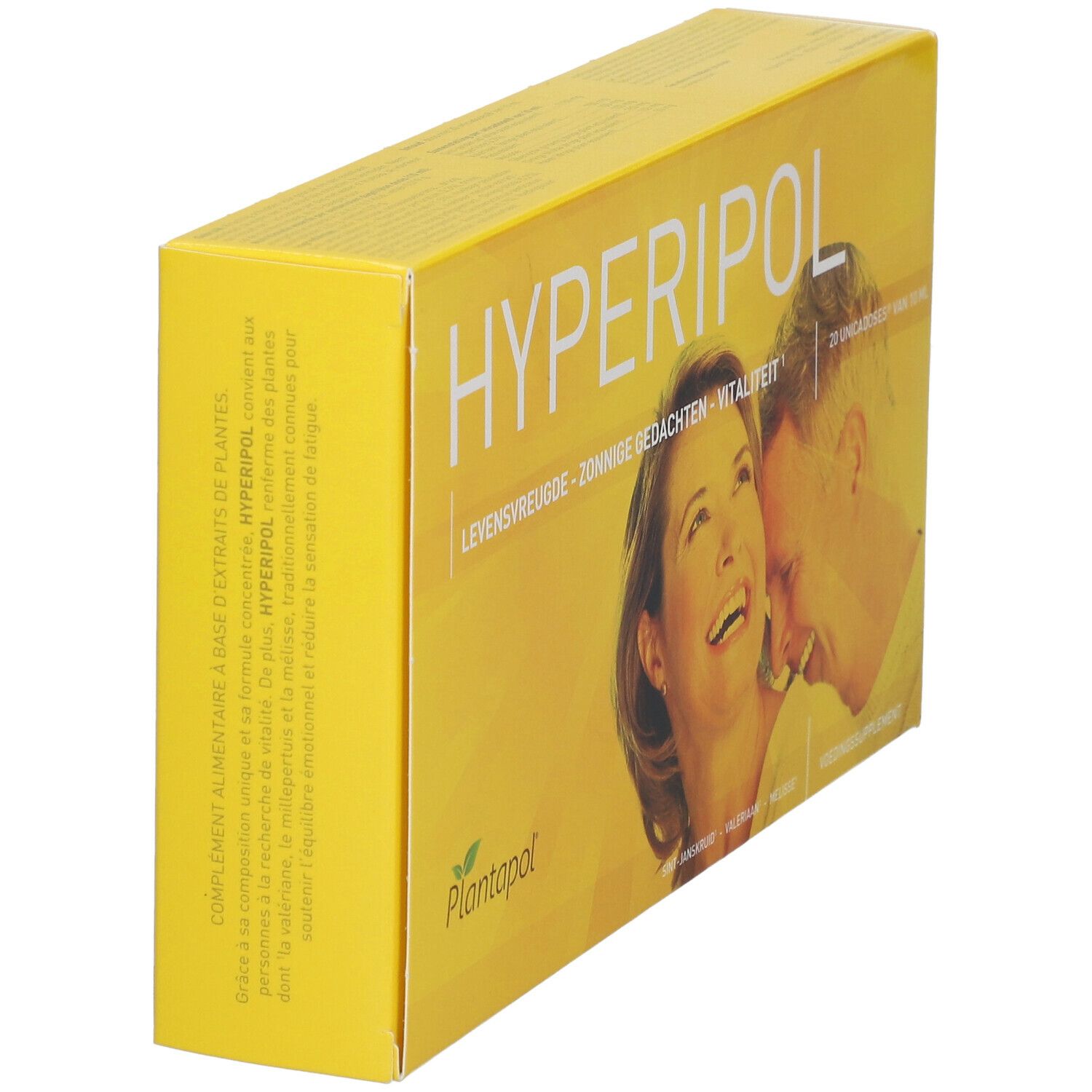 Boîte jaune "HYPERIPOL". Image d'un couple souriant. Texte sur le côté. Logo Plantapol.