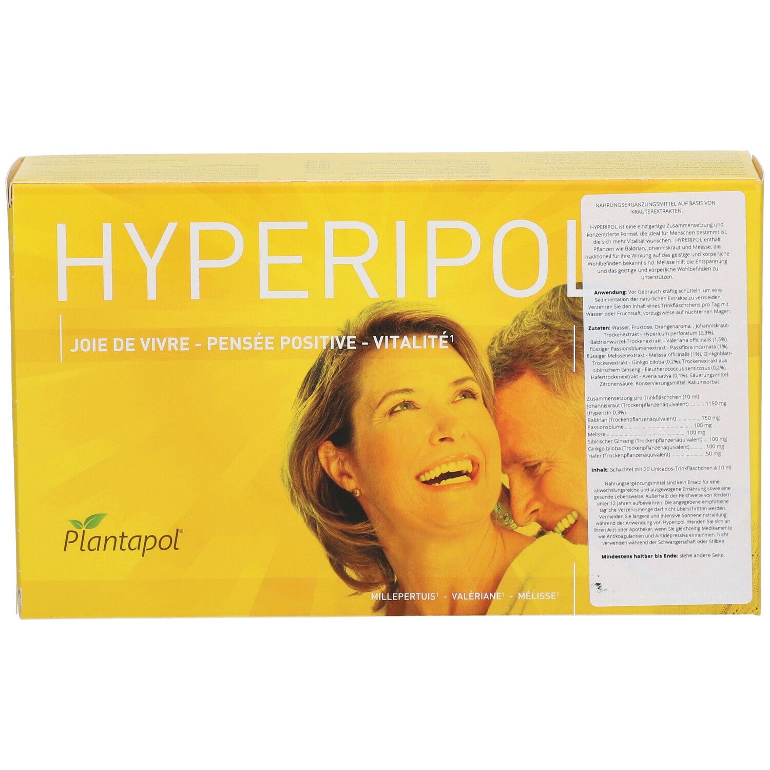 Boîte jaune "HYPERIPOL". Image d'un couple souriant. Inscription "JOIE DE VIVRE - PENSEE POSITIVE - VITALITE". Logo Plantapol.