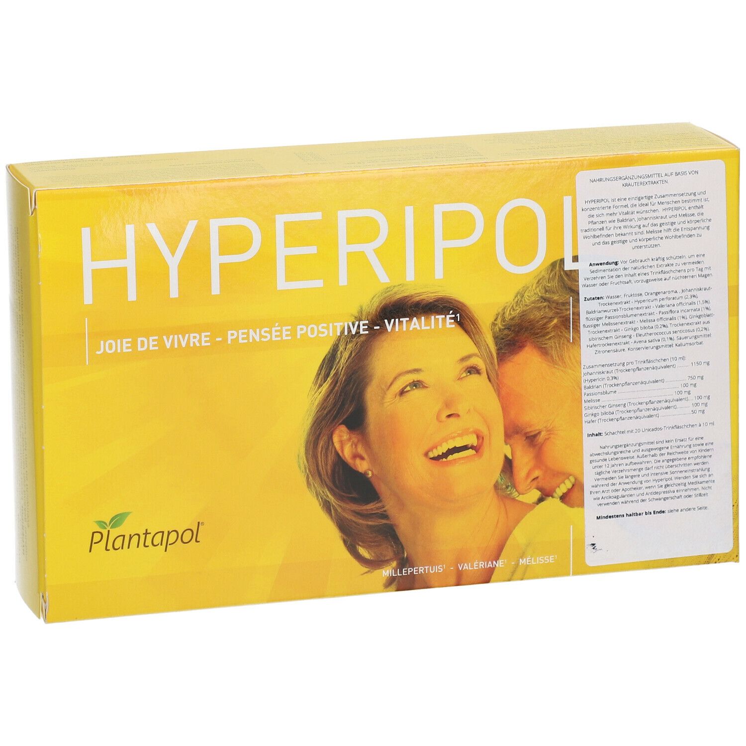 Boîte jaune "HYPERIPOL". Image d'un couple souriant. Inscription "JOIE DE VIVRE - PENSEE POSITIVE - VITALITE". Logo Plantapol.