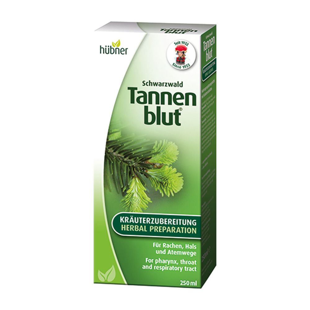 Emballage en carton vert et blanc. Inscription "Tannenblut, Kräuterzubereitung".