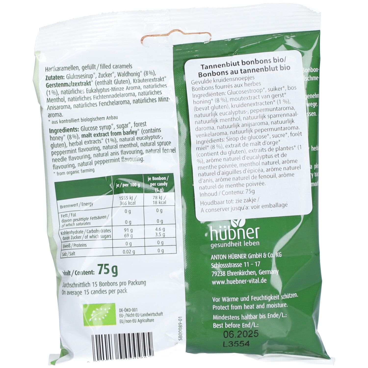 Rückseite der Verpackung mit Zutatenliste und Nährwertangaben. Text in Deutsch und Französisch. Haltbarkeitsdatum.