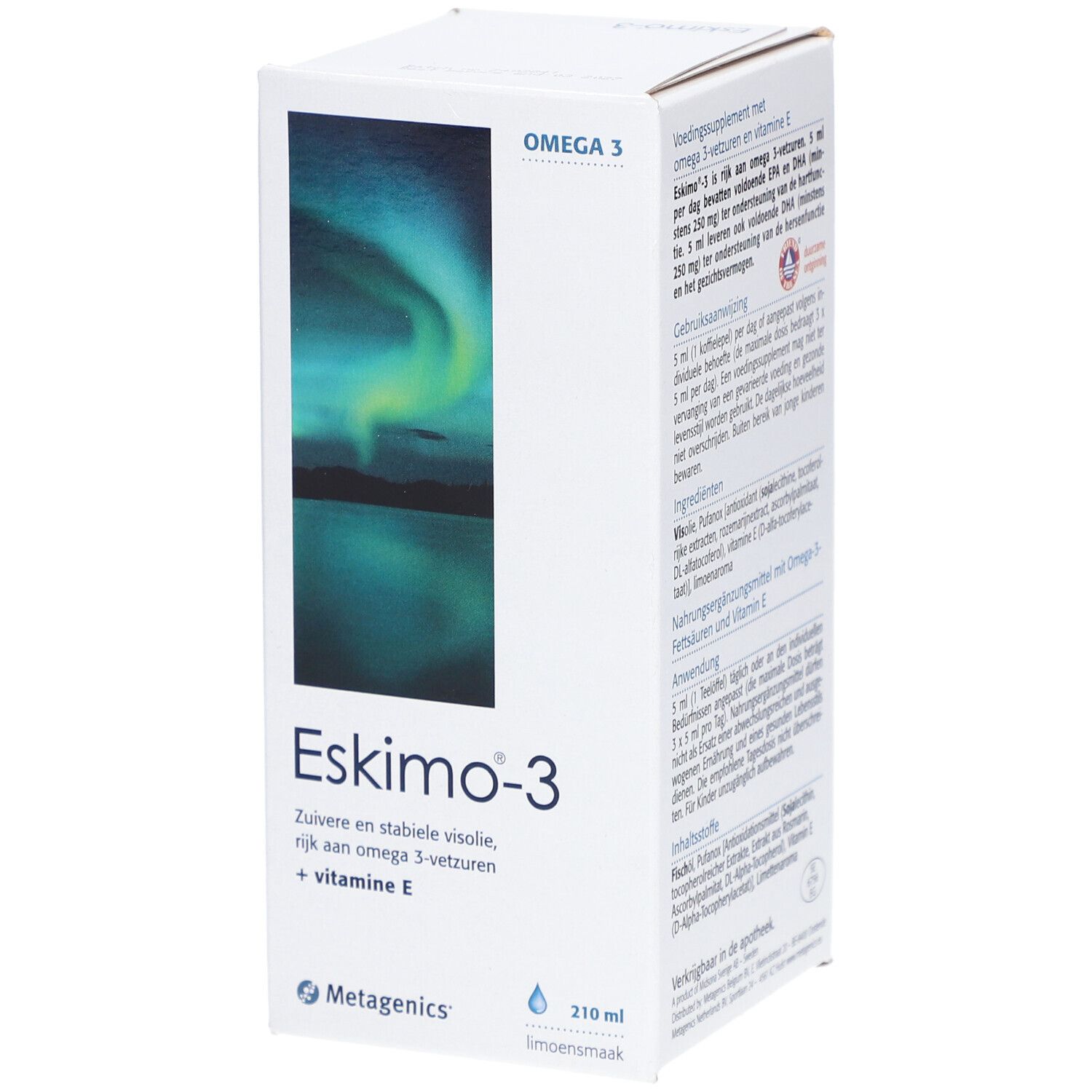 Boîte Eskimo-3. Inscription: Zuivere en stabiele visolie, rijk aan omega 3-vetzuren + vitamine E. 210 ml.