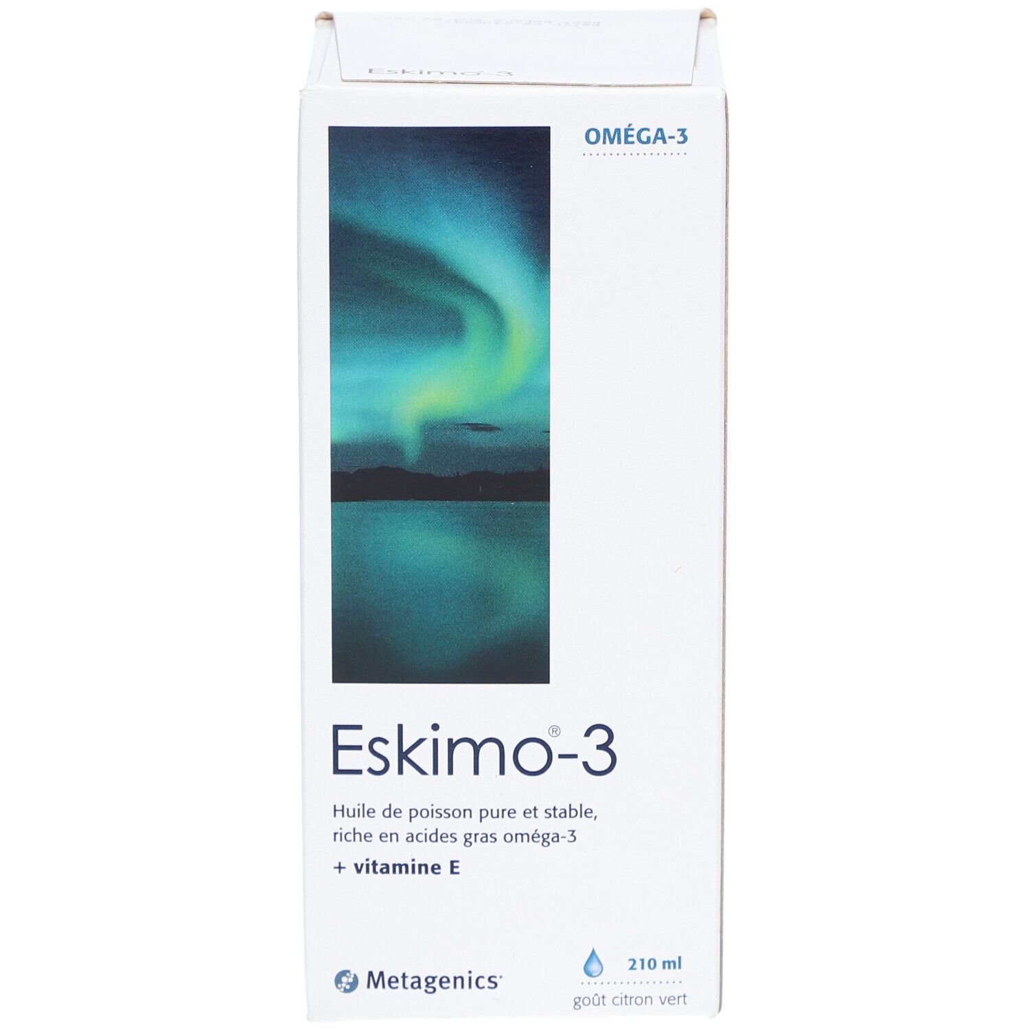 Boîte Eskimo-3. Inscription: huile de poisson pure et stable, riche en acides gras oméga-3 + vitamine E. 210 ml.