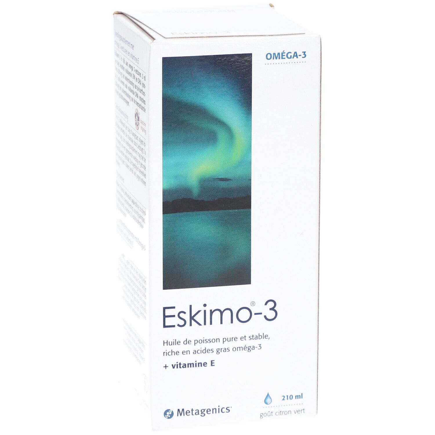 Boîte Eskimo-3. Inscription: huile de poisson pure et stable, riche en acides gras oméga-3 + vitamine E. 210 ml.