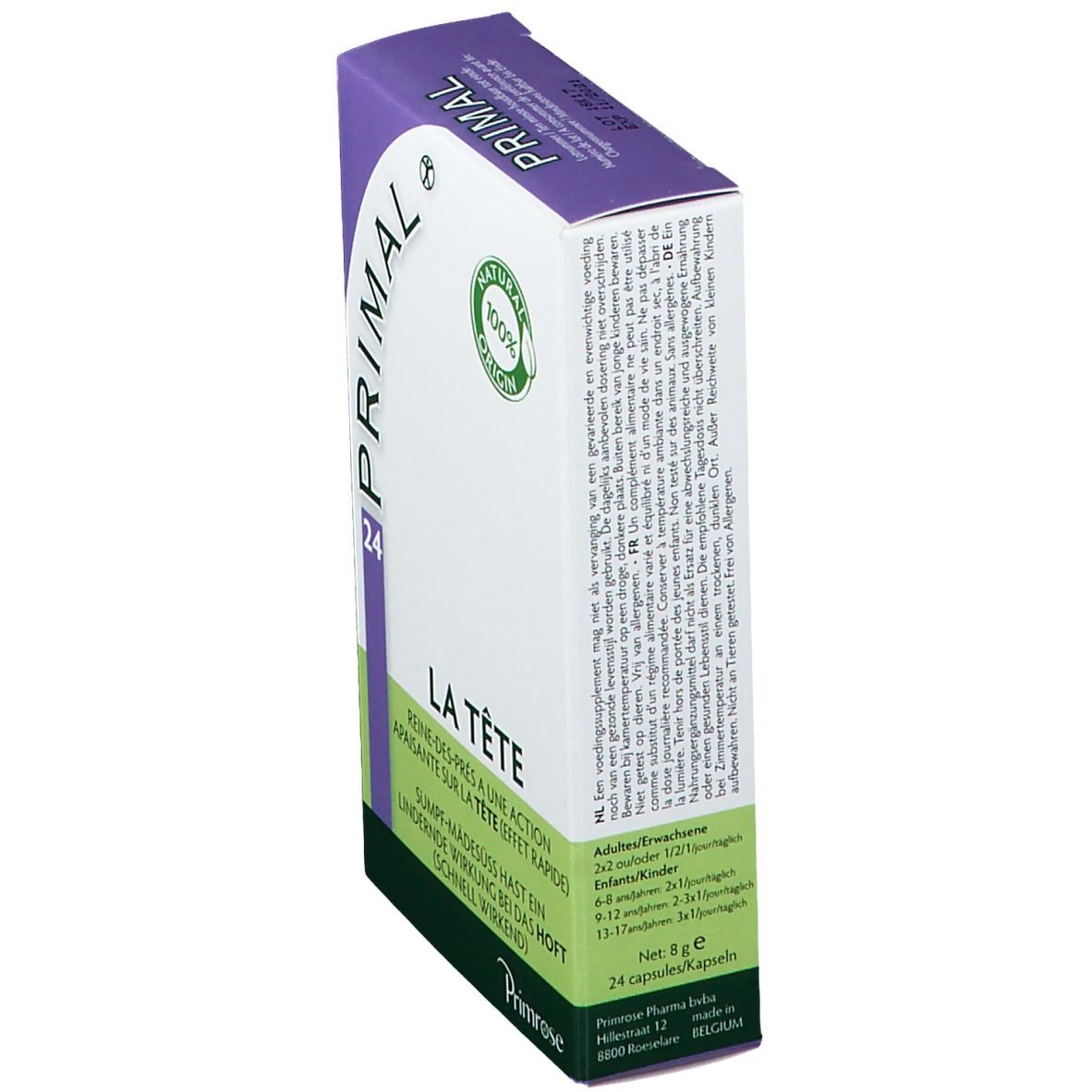 Boîte de Primrose Primal. Blanc, violet et vert. Texte : Primal, 24, La Tête, Natural 100% Origin. Texte au dos.