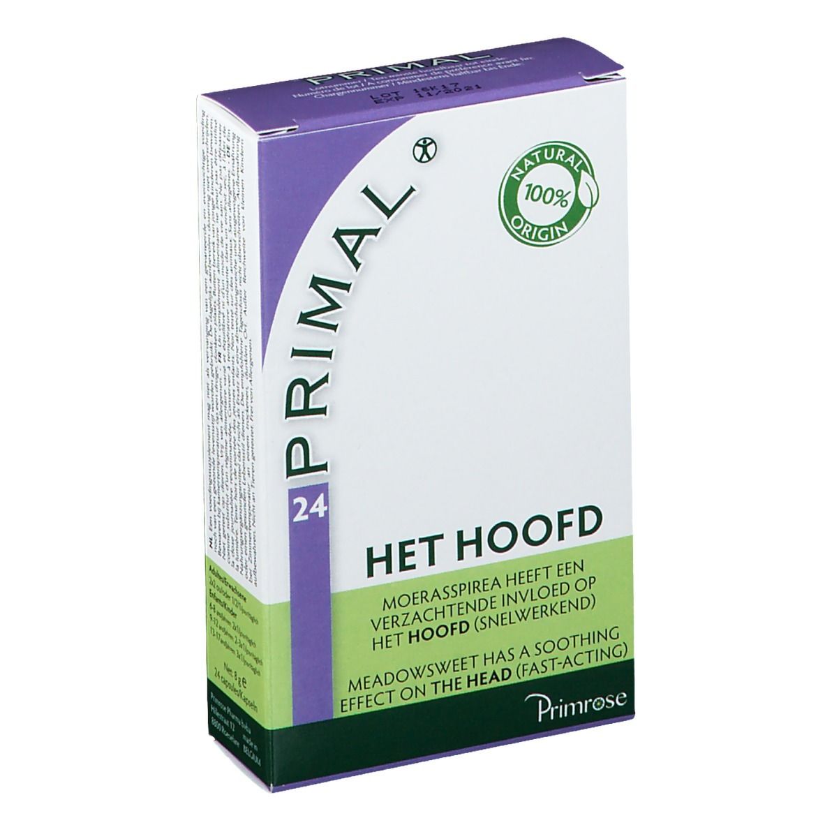 Boîte de Primrose Primal. Blanc, violet et vert. Texte : Primal, 24, Het Hoofd, Natural 100% Origin.