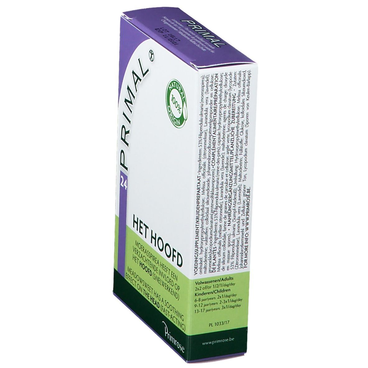 Boîte de Primrose Primal. Blanc, violet et vert. Texte : Primal, 24, Het Hoofd, Natural 100% Origin. Texte au dos.