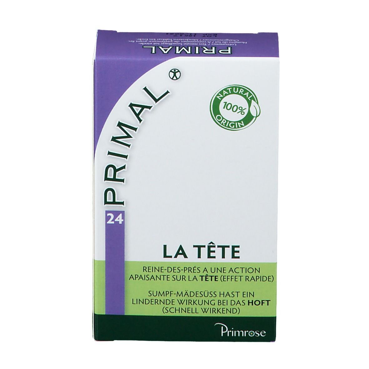 Boîte de Primrose Primal. Blanc, violet et vert. Texte : Primal, 24, La Tête, Natural 100% Origin.