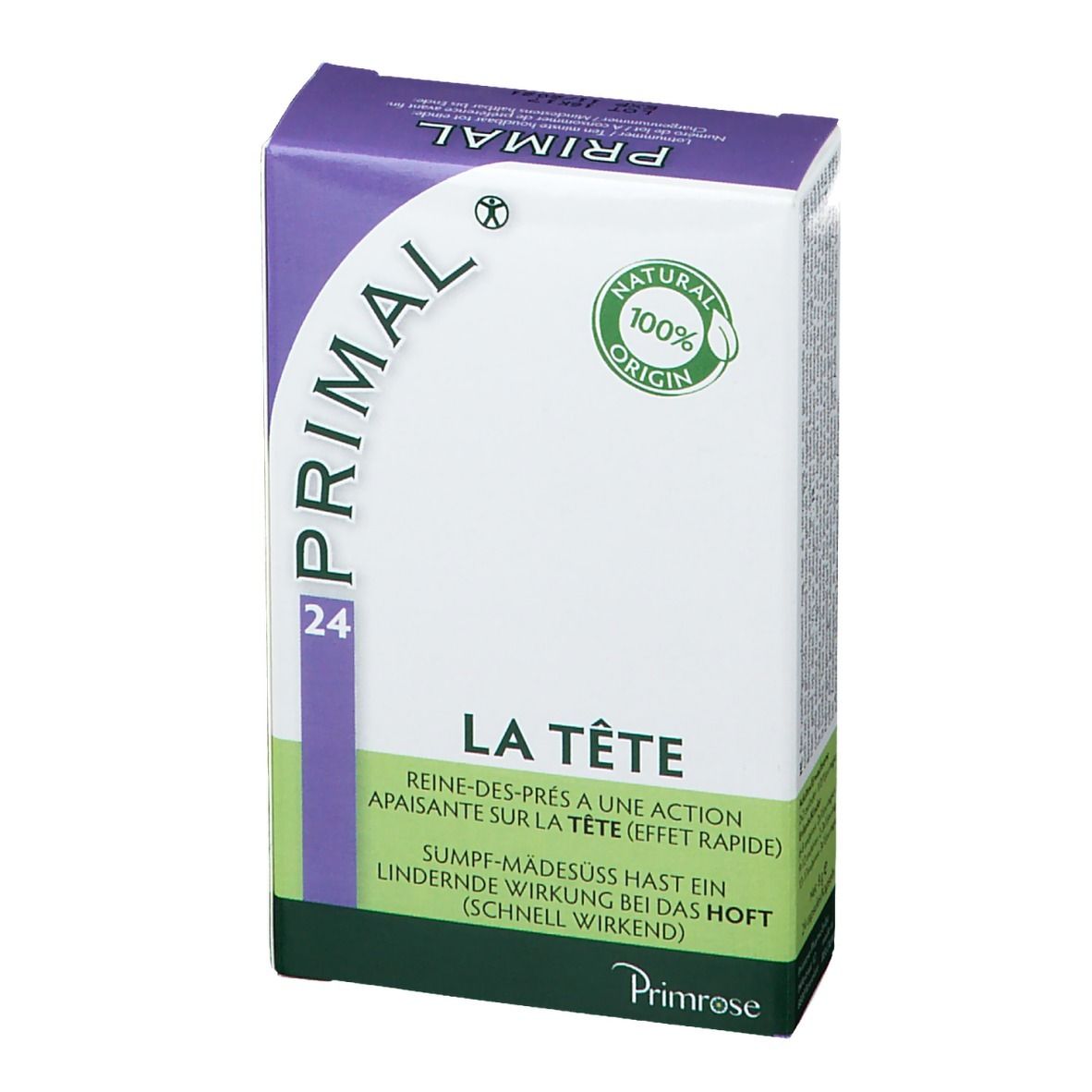 Boîte de Primrose Primal. Blanc, violet et vert. Texte : Primal, 24, La Tête, Natural 100% Origin.