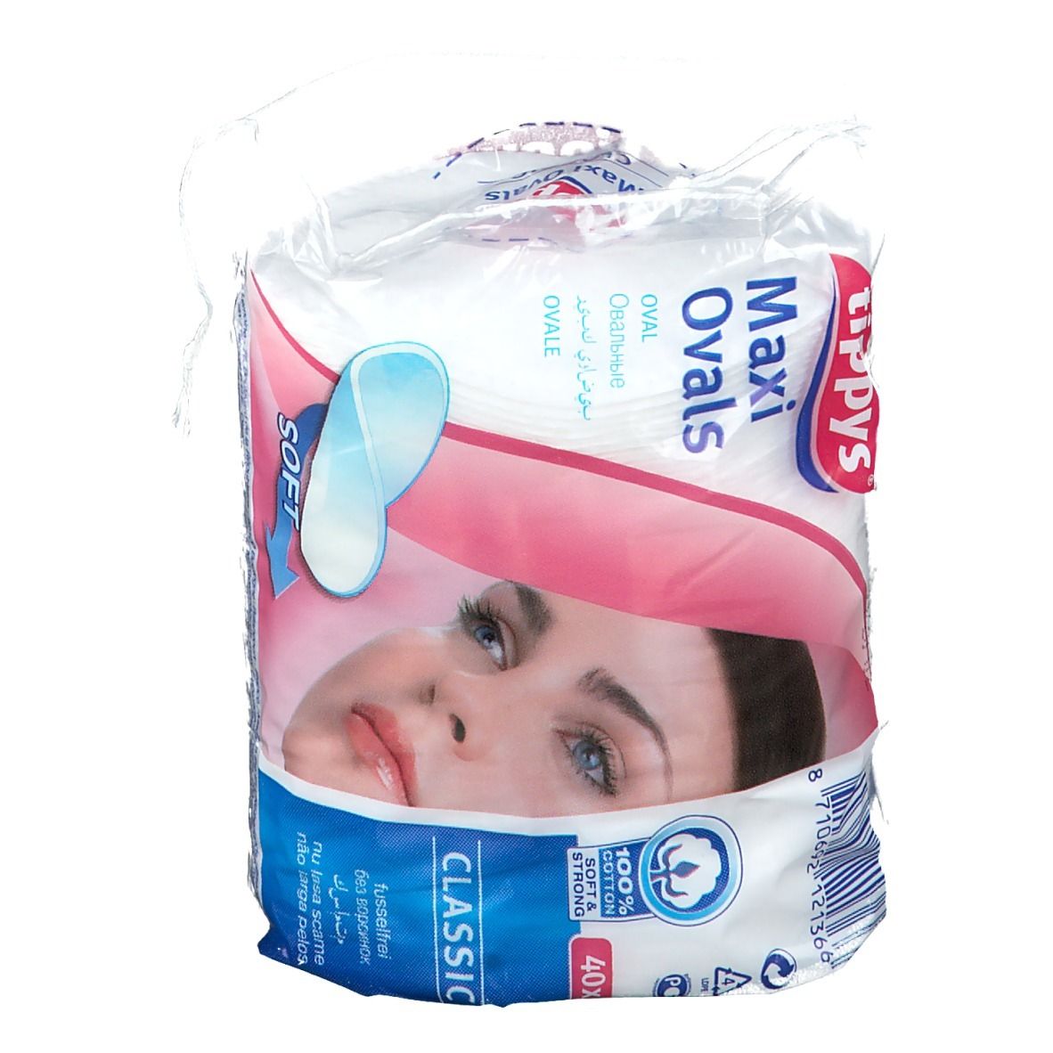Paquet de tampons ovales. Marque: tippys. Inscription: Maxi Ovals, 40 pièces, Classic, 100% coton. Image: visage de femme.
