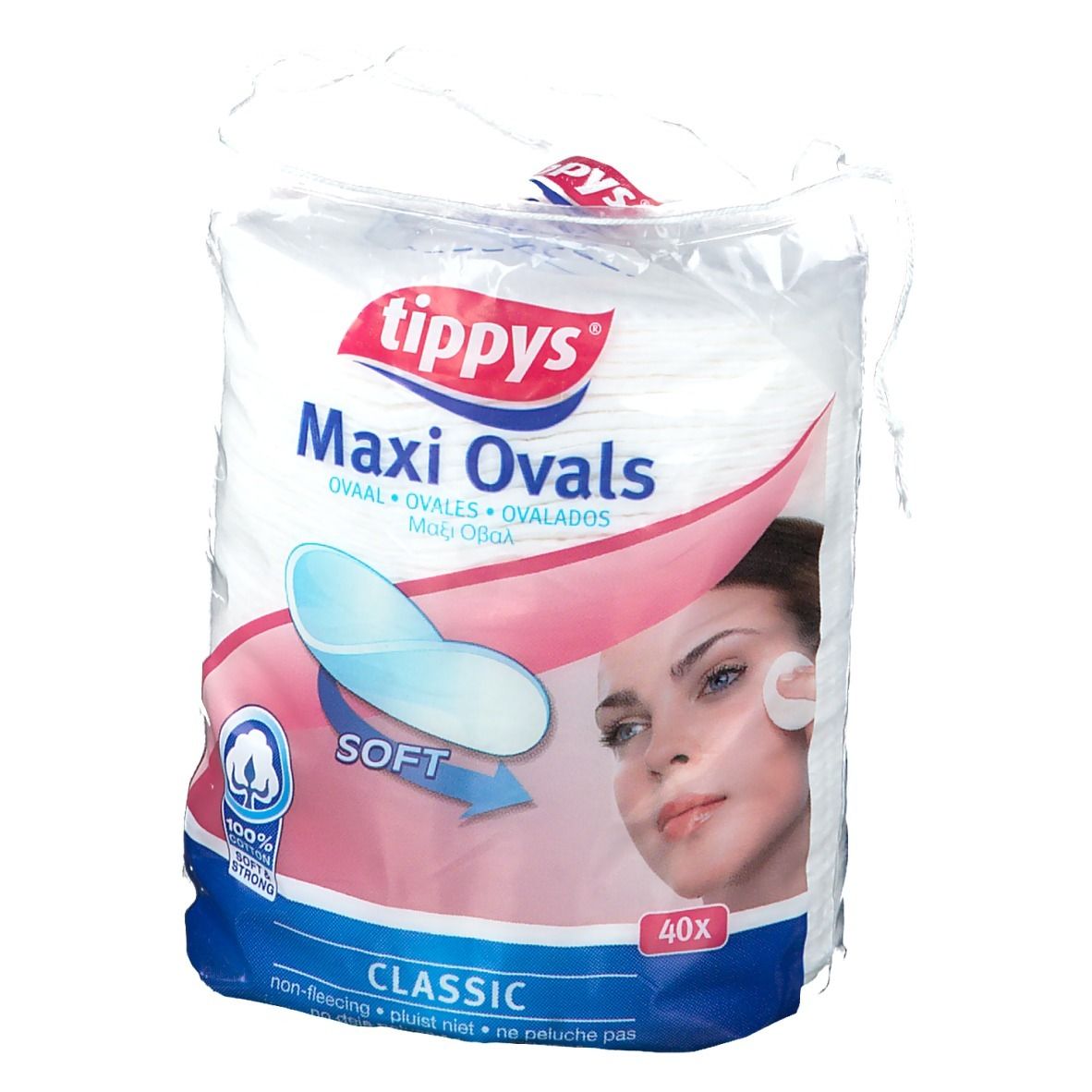 Paquet de tampons ovales. Marque: tippys. Inscription: Maxi Ovals, 40 pièces, Classic, 100% coton. Image: visage de femme.