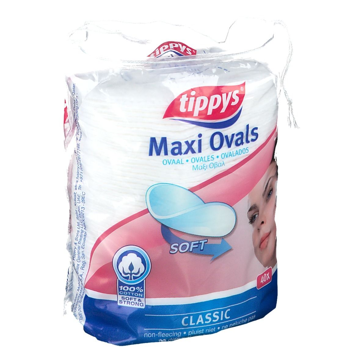 Paquet de tampons ovales. Marque: tippys. Inscription: Maxi Ovals, 40 pièces, Classic, 100% coton. Image: visage de femme.