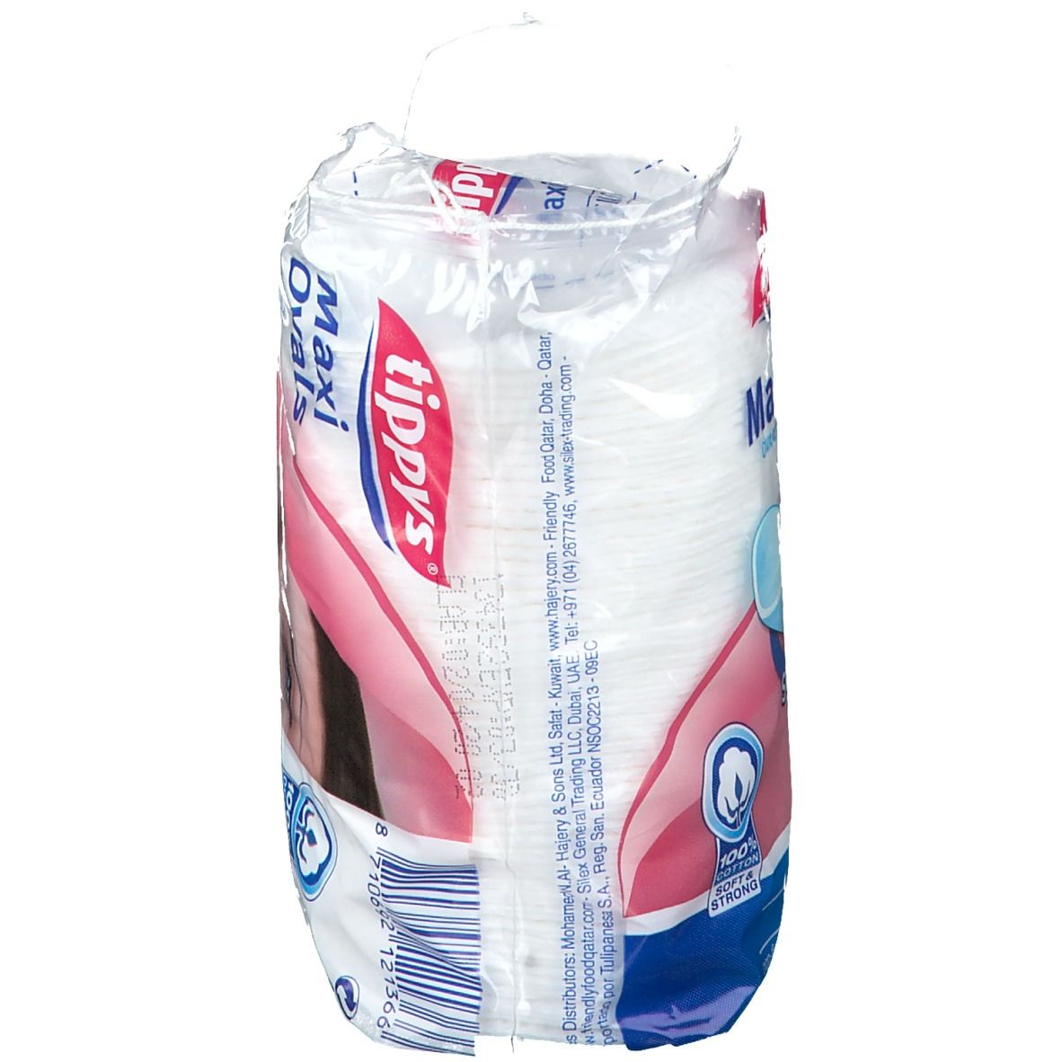 Paquet de tampons ovales. Marque: tippys. Inscription: Maxi Ovals. Vue latérale de l'emballage avec code-barres.