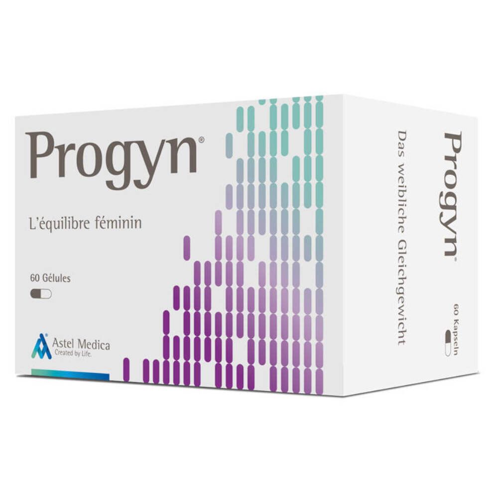 Boîte de Progyn®. Inscription: L'équilibre féminin, 60 Gélules. Logo Astel Medica. Carton blanc avec motifs violets et turquoise.