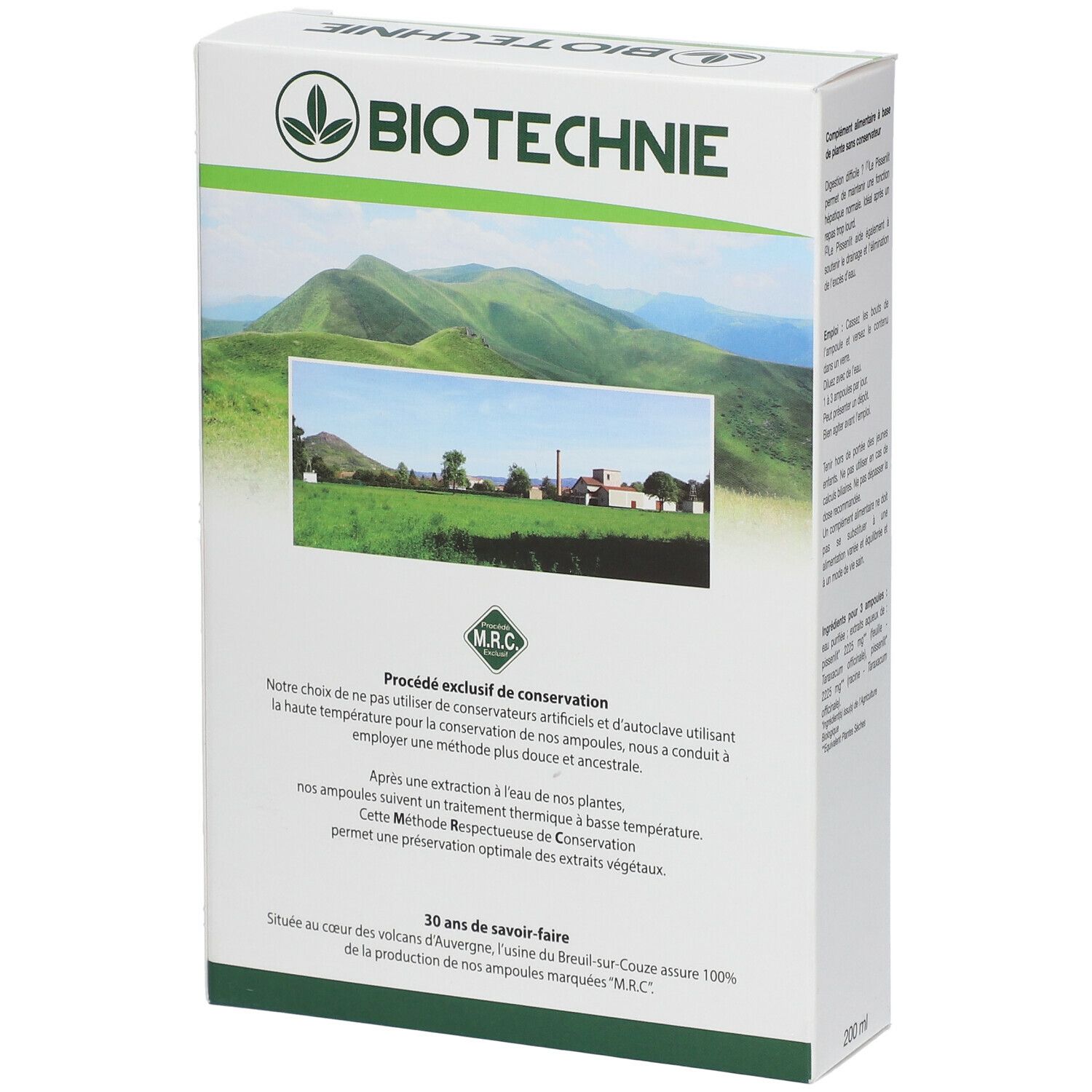 Boîte avec logo BIOTECHNIE. Texte sur la conservation exclusive. Image: collines vertes. Inscription: MRC.