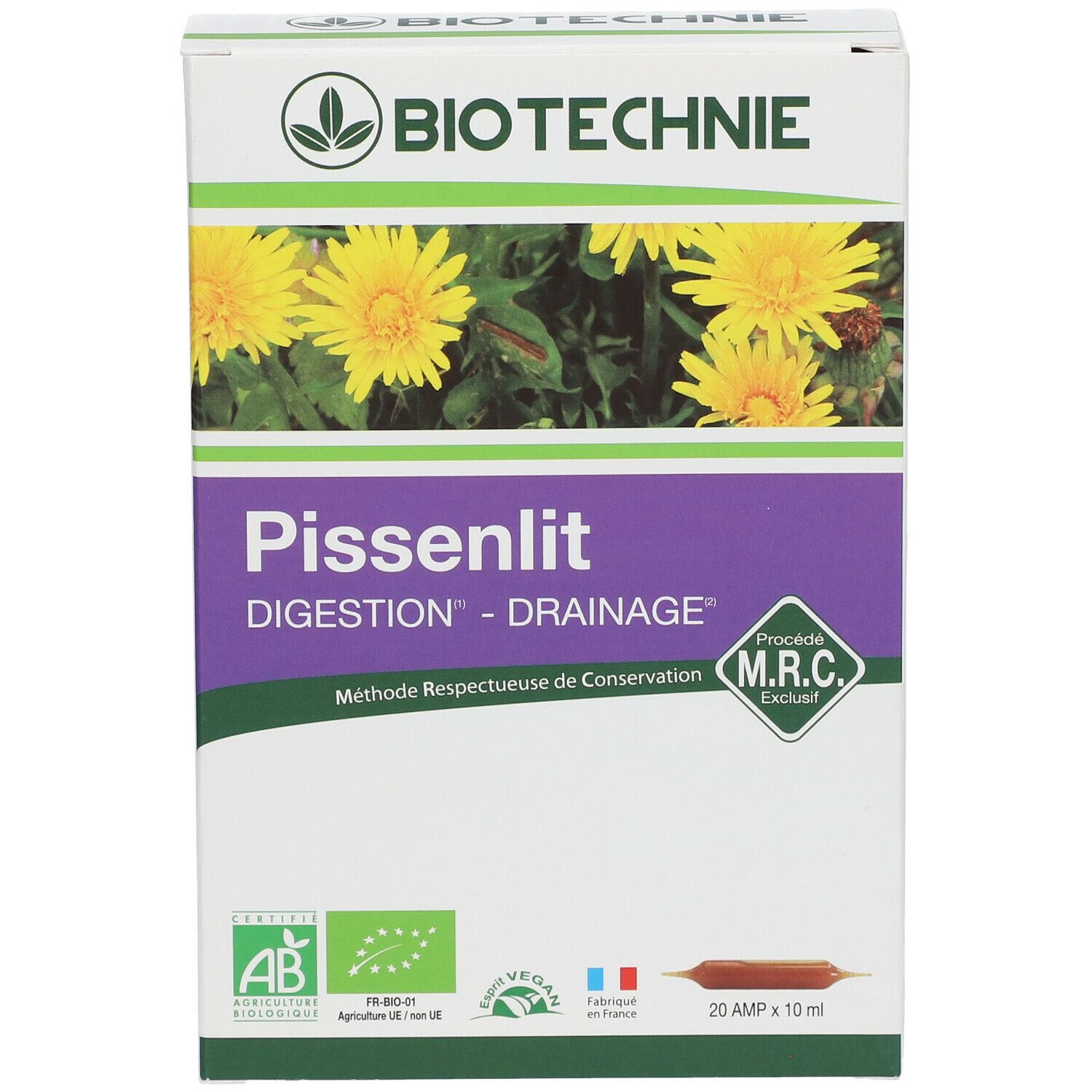 Boîte "Pissenlit Digestion Drainage". Logo BIOTECHNIE, fleurs jaunes. Inscriptions: AB, Bio, Vegan, MRC. 20 ampoules x 10 ml.