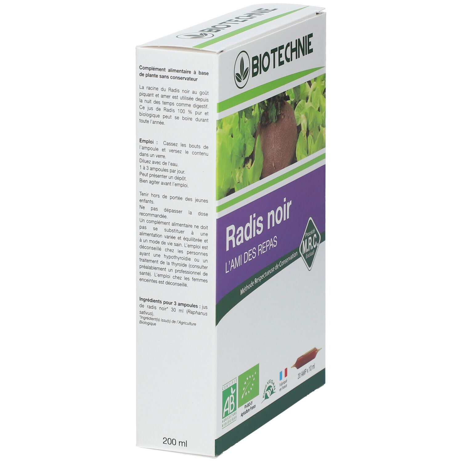 Emballage du produit avec texte. Contient 200 ml. Inscription: Radis noir, L'AMI DES REPAS. Contient 20 ampoules. Certification bio.