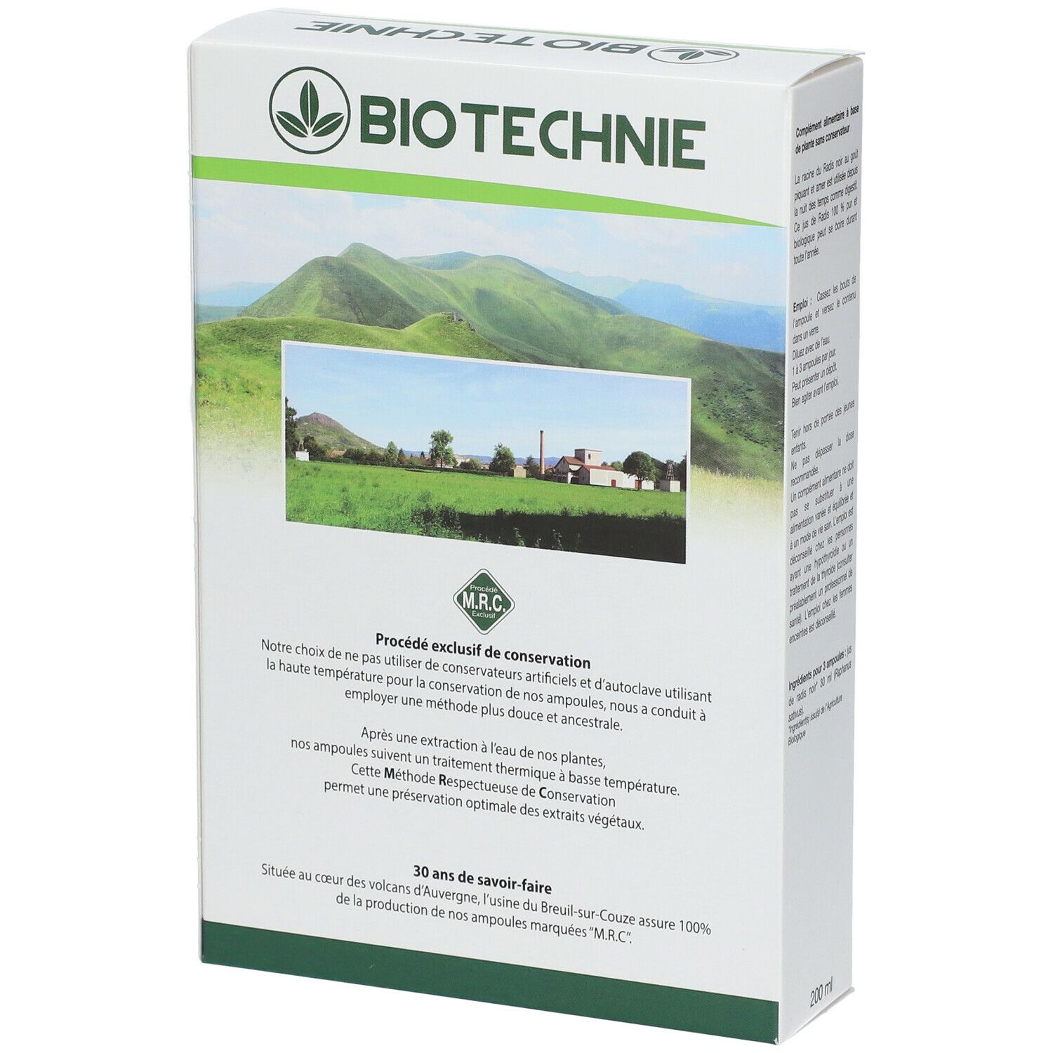 Emballage du produit avec texte. Contient 200 ml. Texte sur la méthode de conservation exclusive. Certification bio.