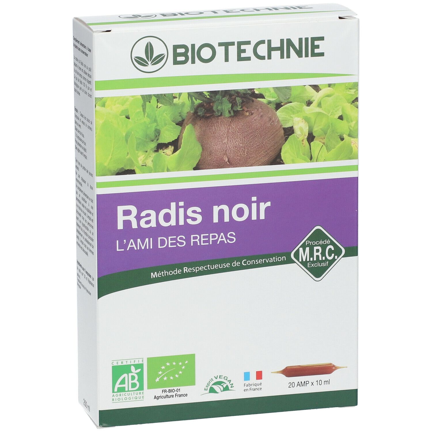 Emballage du produit avec image et texte. Inscription: Radis noir, L'AMI DES REPAS. Contient 20 ampoules.