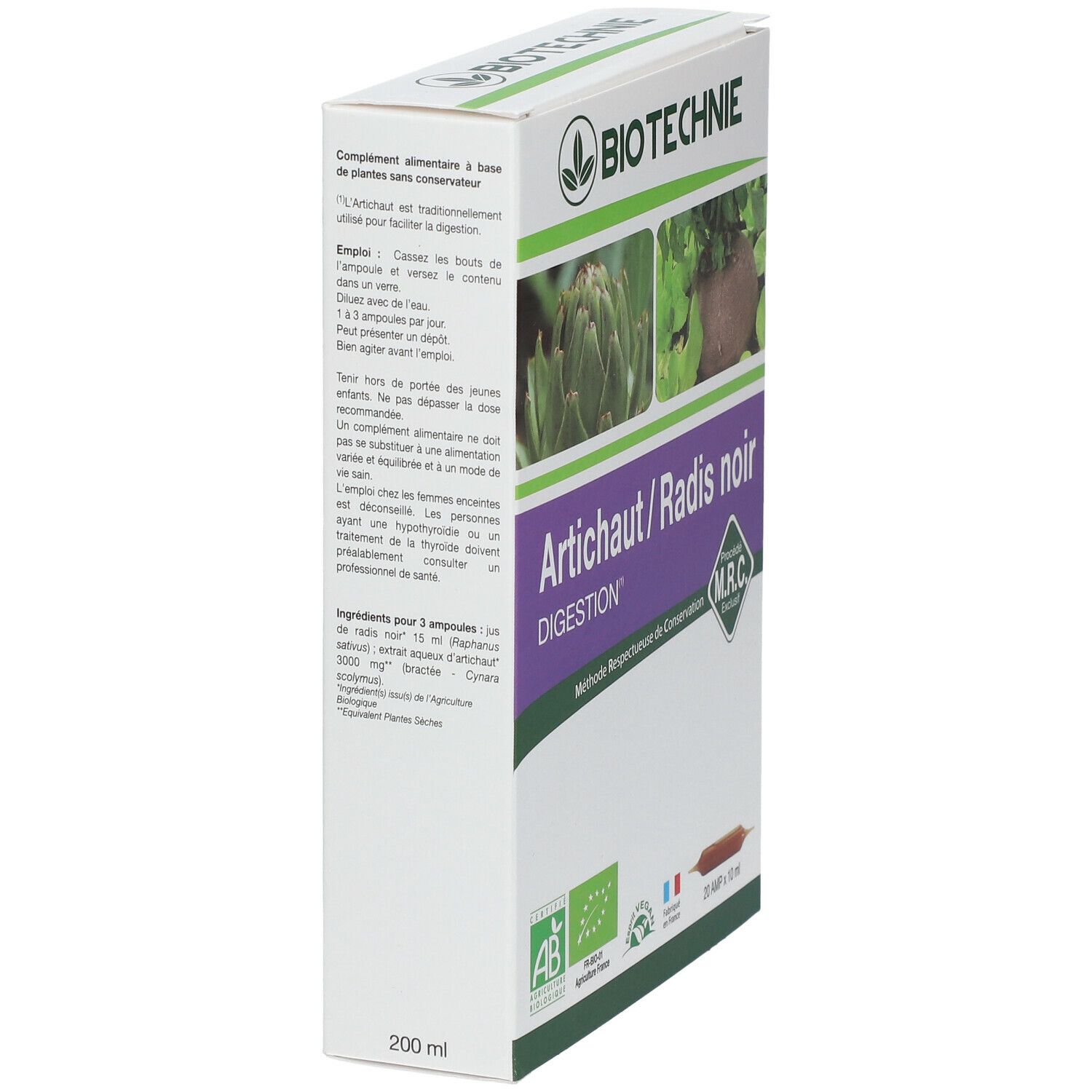 Boîte Biotechnie Artichaut / Radis noir. Informations produit, ingrédients, mode d'emploi. Certification AB-Bio, label Vegan. 200 ml.