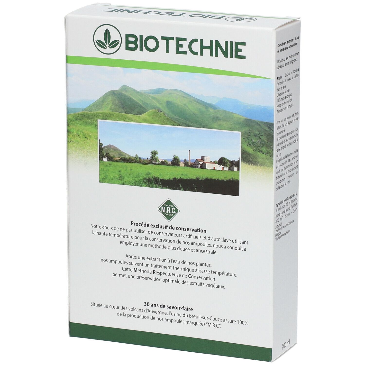 Dos de la boîte Biotechnie Artichaut / Radis noir. Informations sur la méthode de conservation. Label MRC. 30 ans d'expérience.