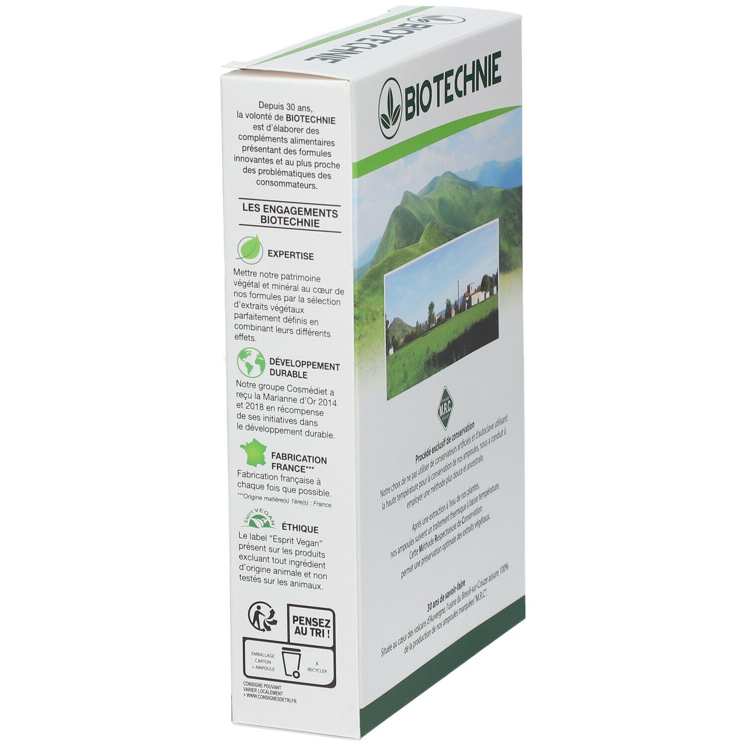 Côté de la boîte Biotechnie Artichaut / Radis noir. Engagements de Biotechnie. Fabriqué en France. Label Esprit Nature.