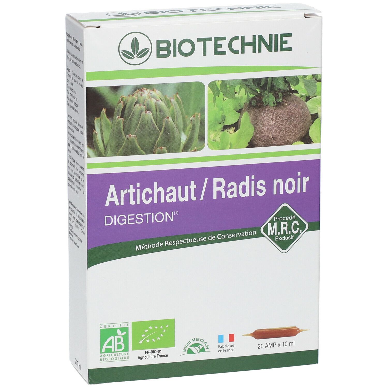 Boîte Biotechnie Artichaut / Radis noir. Images d'artichaut et radis noir. Certification AB-Bio, label Vegan. 20 ampoules.