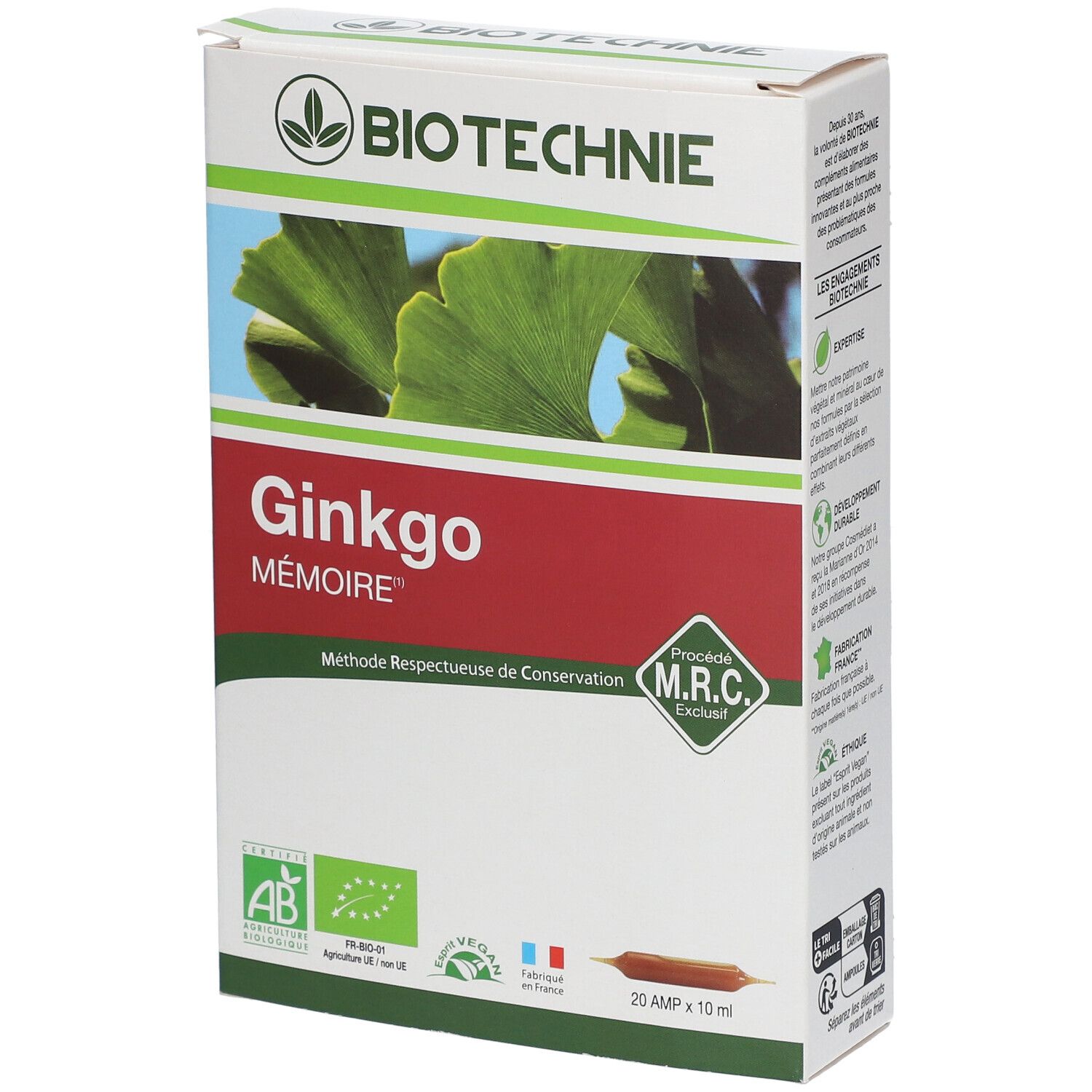 Verpakking van Biotechnie Ginkgo Mémoire. Bevat 20 ampullen. Met AB-Bio-keurmerk en MRC-certificering.