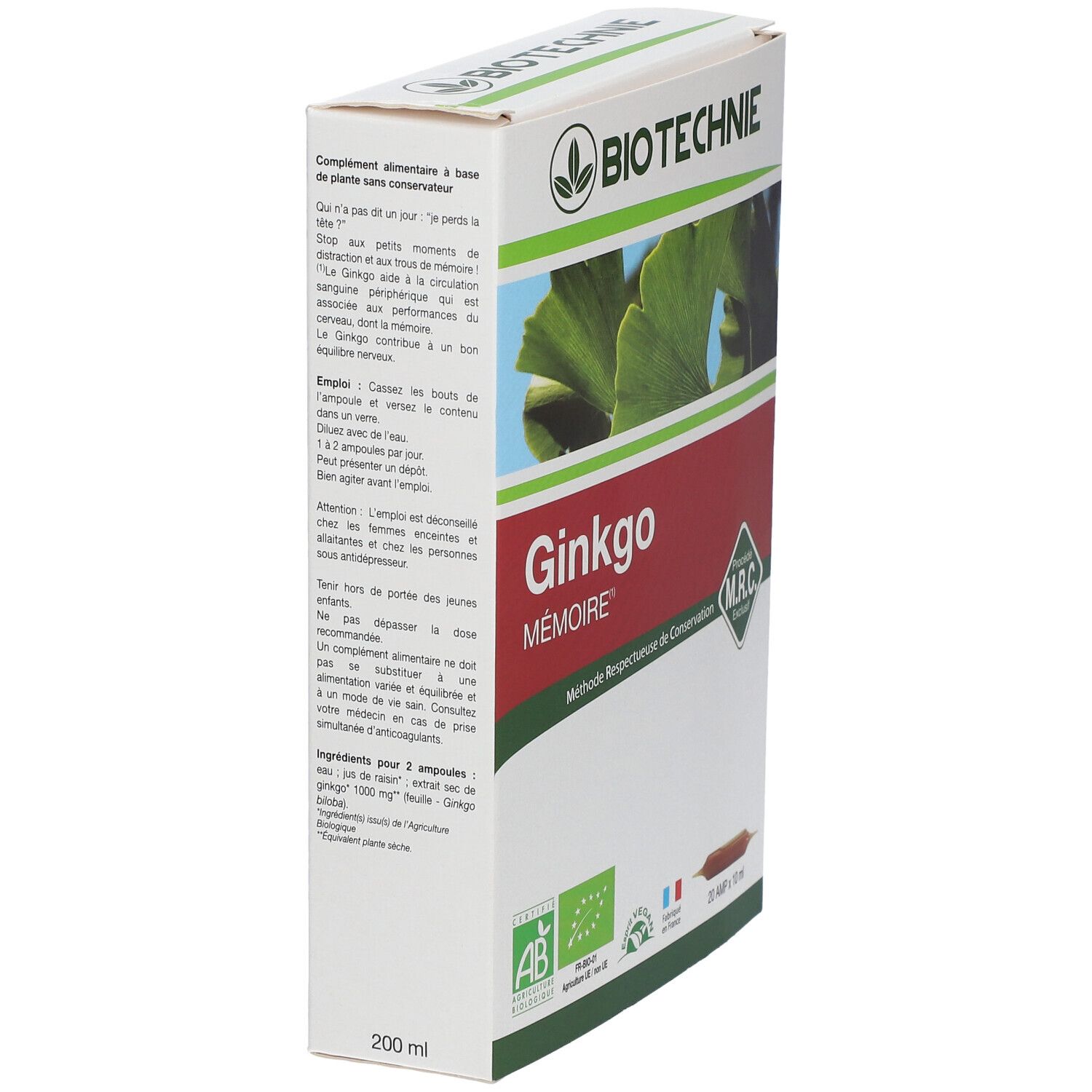 Verpakking van Biotechnie Ginkgo Mémoire. Tekst en ingrediënten op de zijkant. Met AB-Bio-keurmerk en MRC-certificering.
