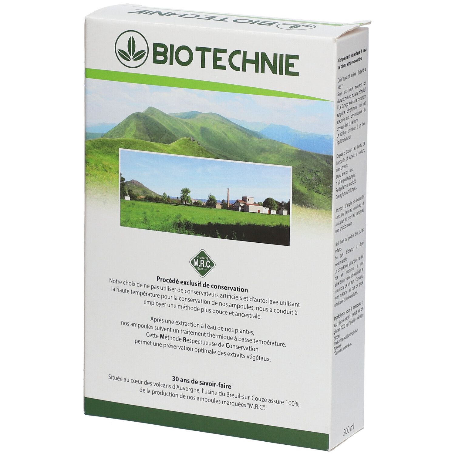 Achterkant van de Biotechnie Ginkgo Mémoire verpakking. Tekst over de productiemethode en MRC-certificering.