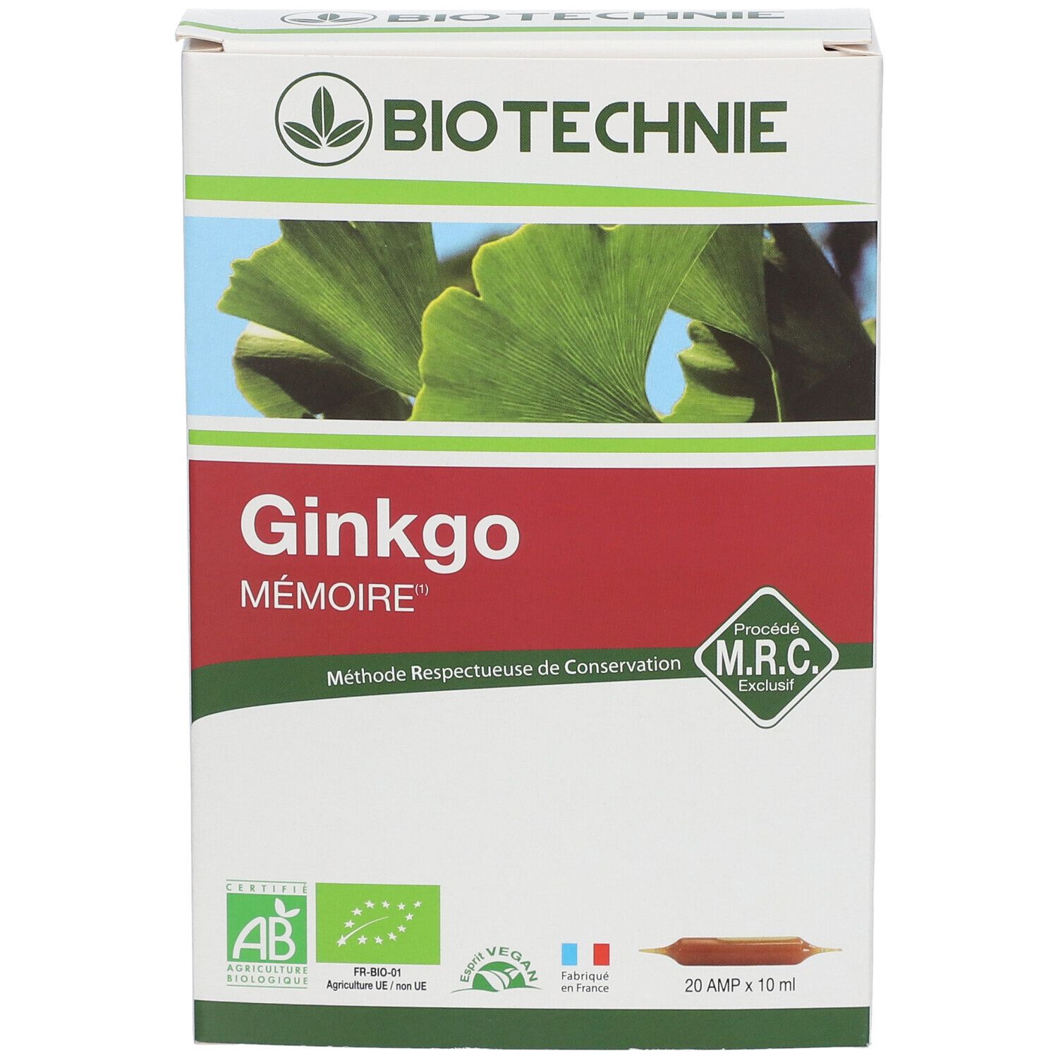 Verpakking van Biotechnie Ginkgo Mémoire. Bevat 20 ampullen. Met AB-Bio-keurmerk, MRC-certificering en vegan label.