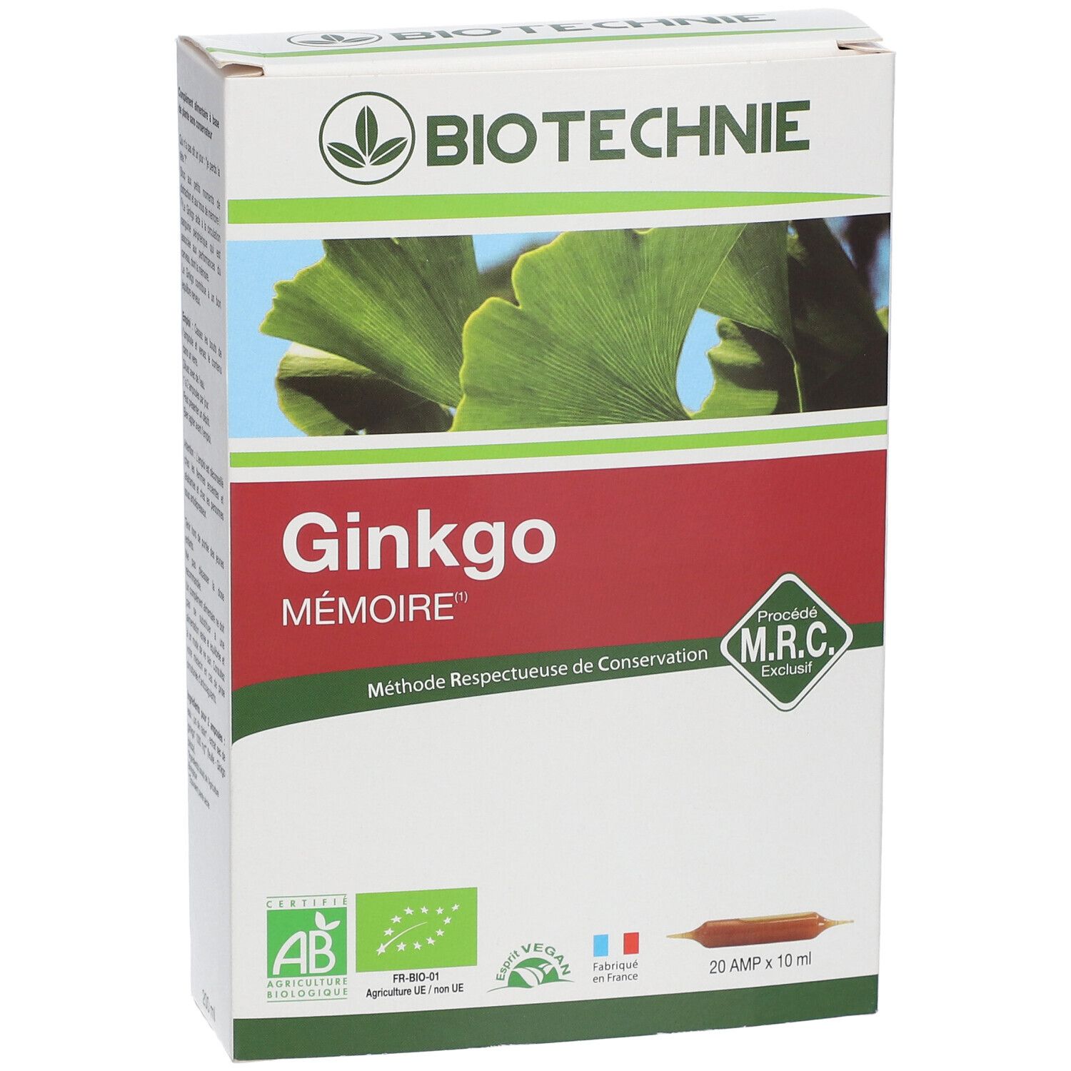 Verpakking van Biotechnie Ginkgo Mémoire. Bevat 20 ampullen. Met AB-Bio-keurmerk, MRC-certificering en vegan label.