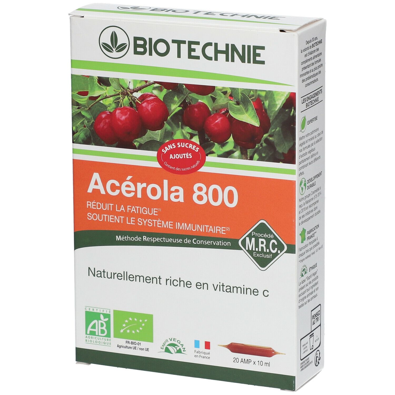 Doos Acerola 800. Biotechnie, kersen, zonder toegevoegde suikers, vermindert vermoeidheid, ondersteunt immuunsysteem, rijk aan vitamine C.