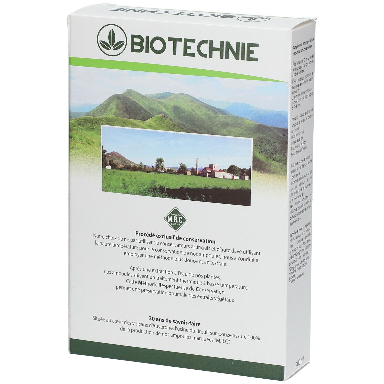Achterkant doos Acerola 800. Biotechnie, M.R.C. proces, 30 jaar ervaring, gemaakt in Frankrijk, 200 ml.