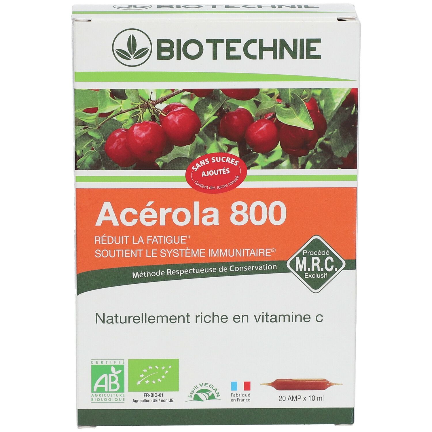 Doos Acerola 800. Biotechnie, kersen, zonder toegevoegde suikers, vermindert vermoeidheid, ondersteunt immuunsysteem, rijk aan vitamine C. Ampullen.