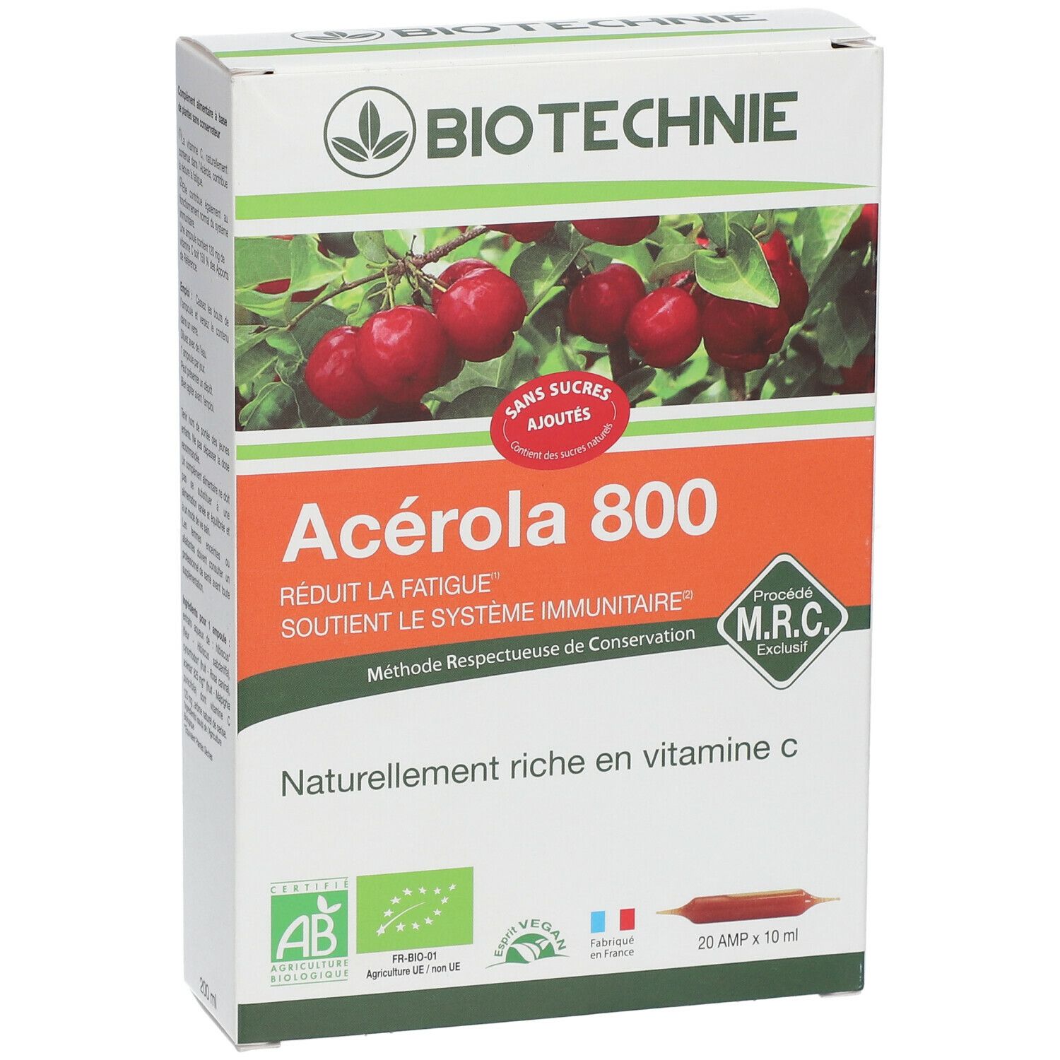 Doos Acerola 800. Biotechnie, kersen, zonder toegevoegde suikers, vermindert vermoeidheid, ondersteunt immuunsysteem, rijk aan vitamine C. Ampullen.