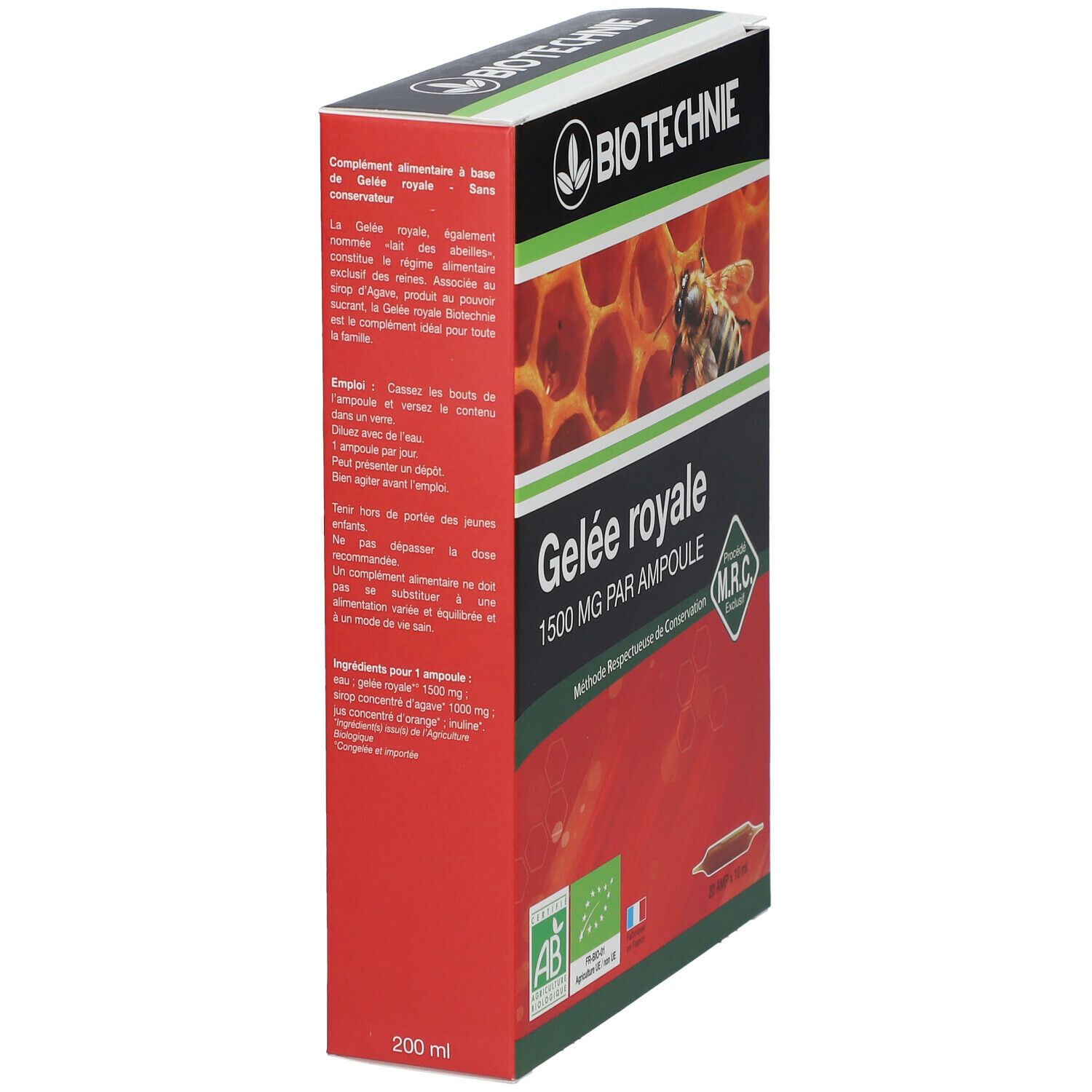 Boîte de Gelée royale Biotechnie. Inscription: 1500 MG PAR AMPOULE. Texte sur les ingrédients et l'utilisation.