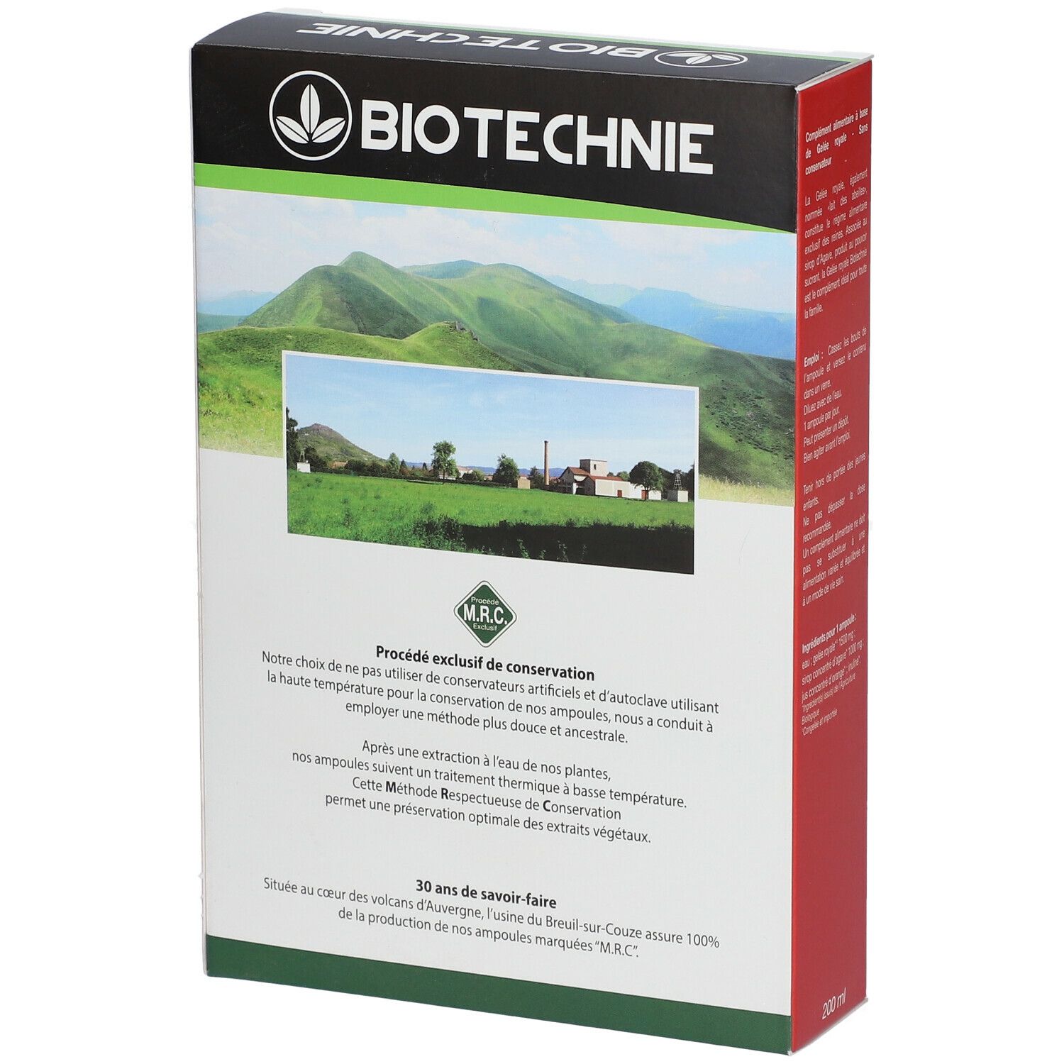 Dos de la boîte de Gelée royale Biotechnie. Texte sur la méthode de fabrication M.R.C.