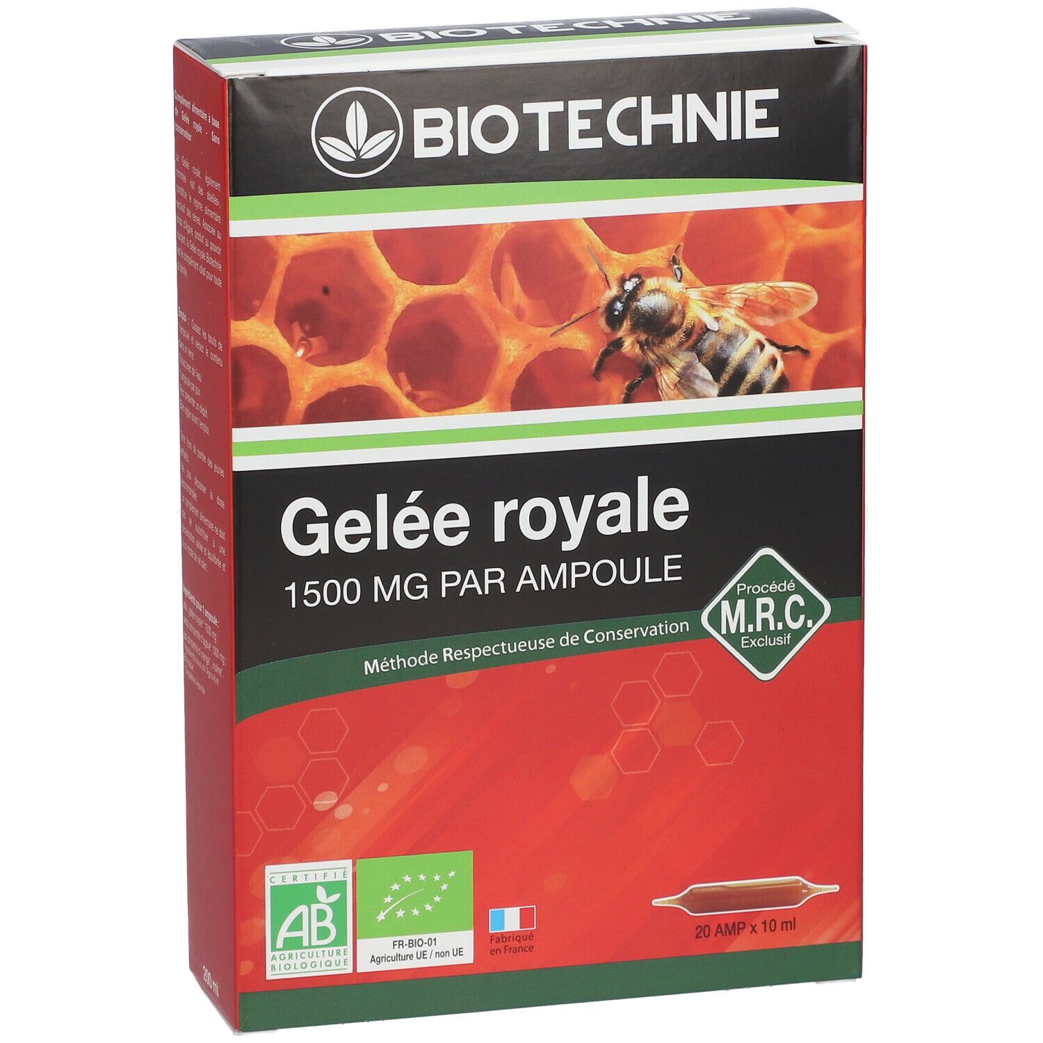 Boîte de Gelée royale Biotechnie. Inscription: 1500 MG PAR AMPOULE. Avec rayons de miel et abeille.