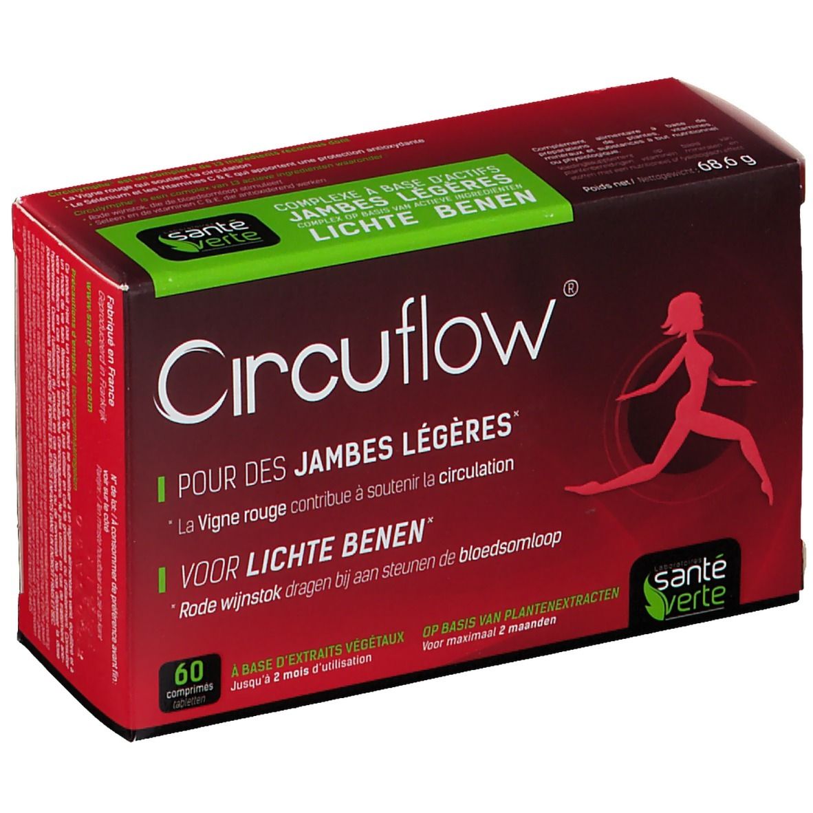 Boîte rouge "Circuflow". Contient 60 comprimés. Logo Santé Verte. Texte en français et néerlandais. Image d'une femme.