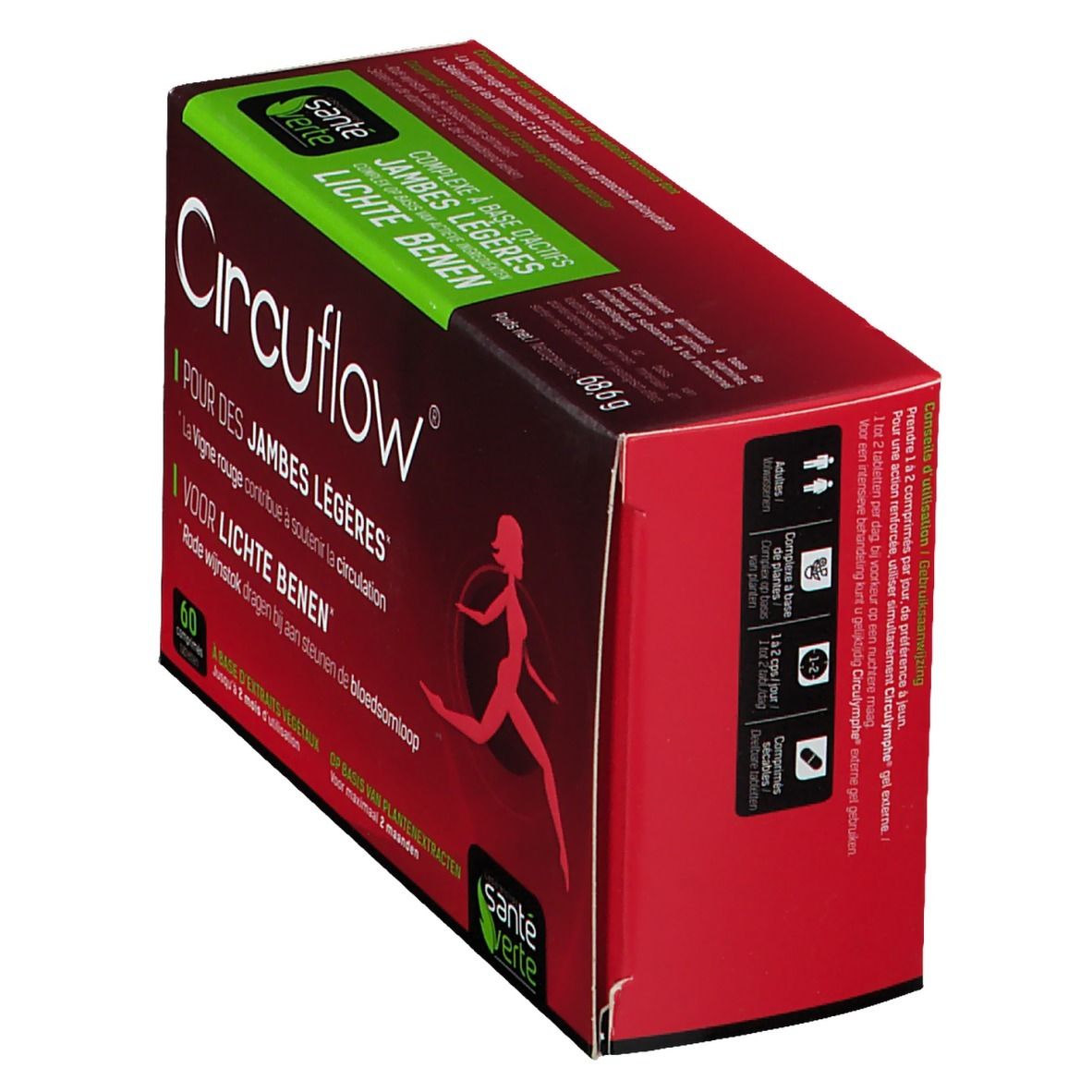 Boîte rouge "Circuflow". Logo Santé Verte. Contient 60 comprimés. Texte en français et néerlandais. Vue latérale.