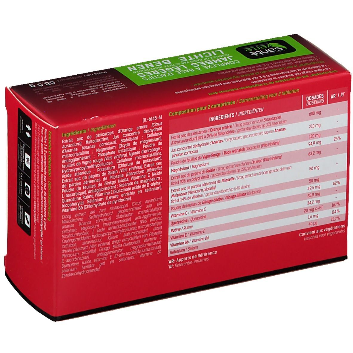 Dos de la boîte "Circuflow". Informations sur les ingrédients et le dosage. Texte en plusieurs langues.