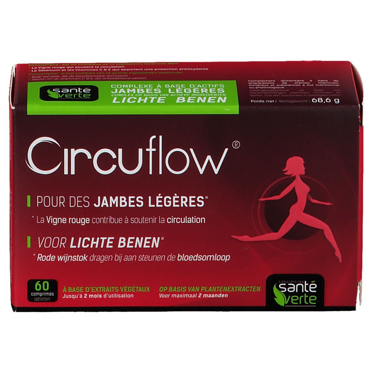 Boîte rouge "Circuflow" avec logo et texte. Contient 60 comprimés. Marque Santé Verte. Image d'une femme.