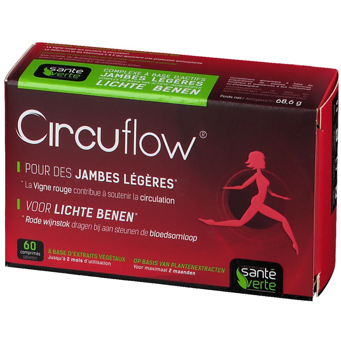 Boîte rouge "Circuflow" avec logo et texte. Contient 60 comprimés. Marque Santé Verte. Vue du produit.
