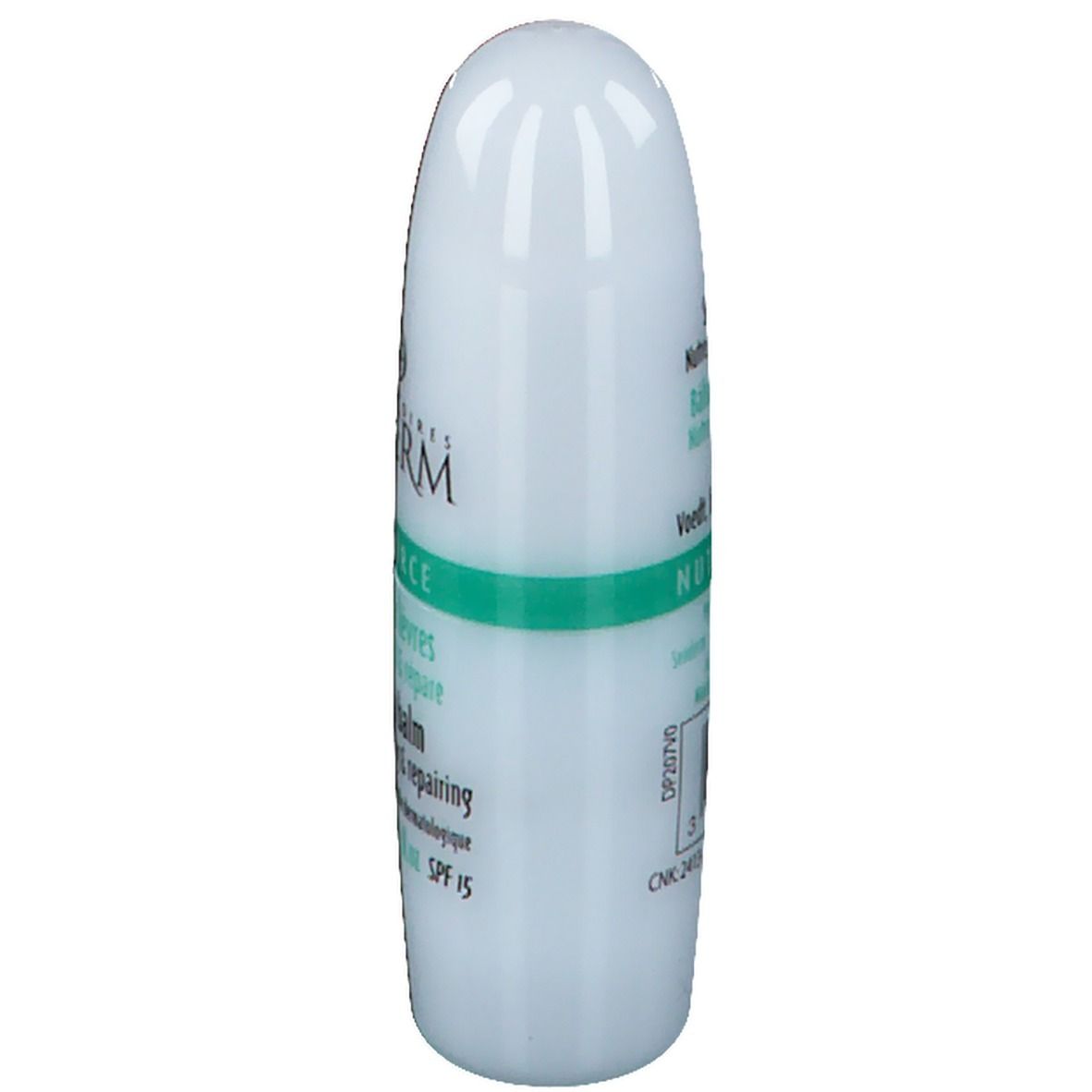 Weißer Lippenpflegestift mit grünen Akzenten. Aufschrift: Seaderm Nutriforce Stick lèvres Lip balm. Barcode.