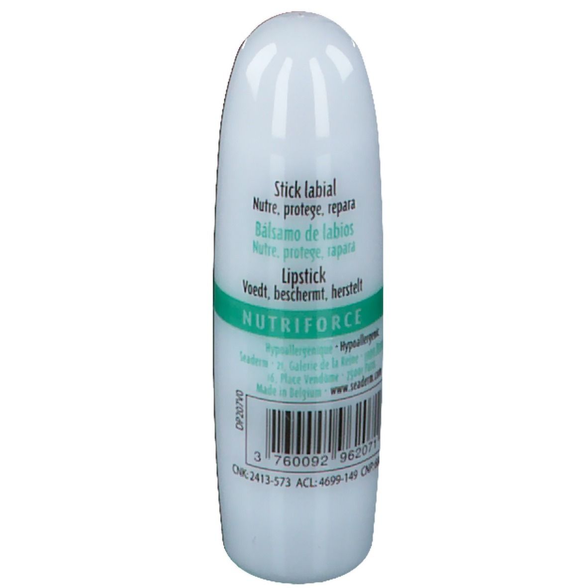 Weißer Lippenpflegestift mit Text in mehreren Sprachen. Aufschrift: Nutriforce Stick labial. Barcode.