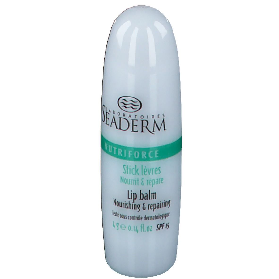 Weißer Lippenpflegestift mit grünen Akzenten. Aufschrift: Seaderm Nutriforce Stick lèvres Lip balm. SPF 15.