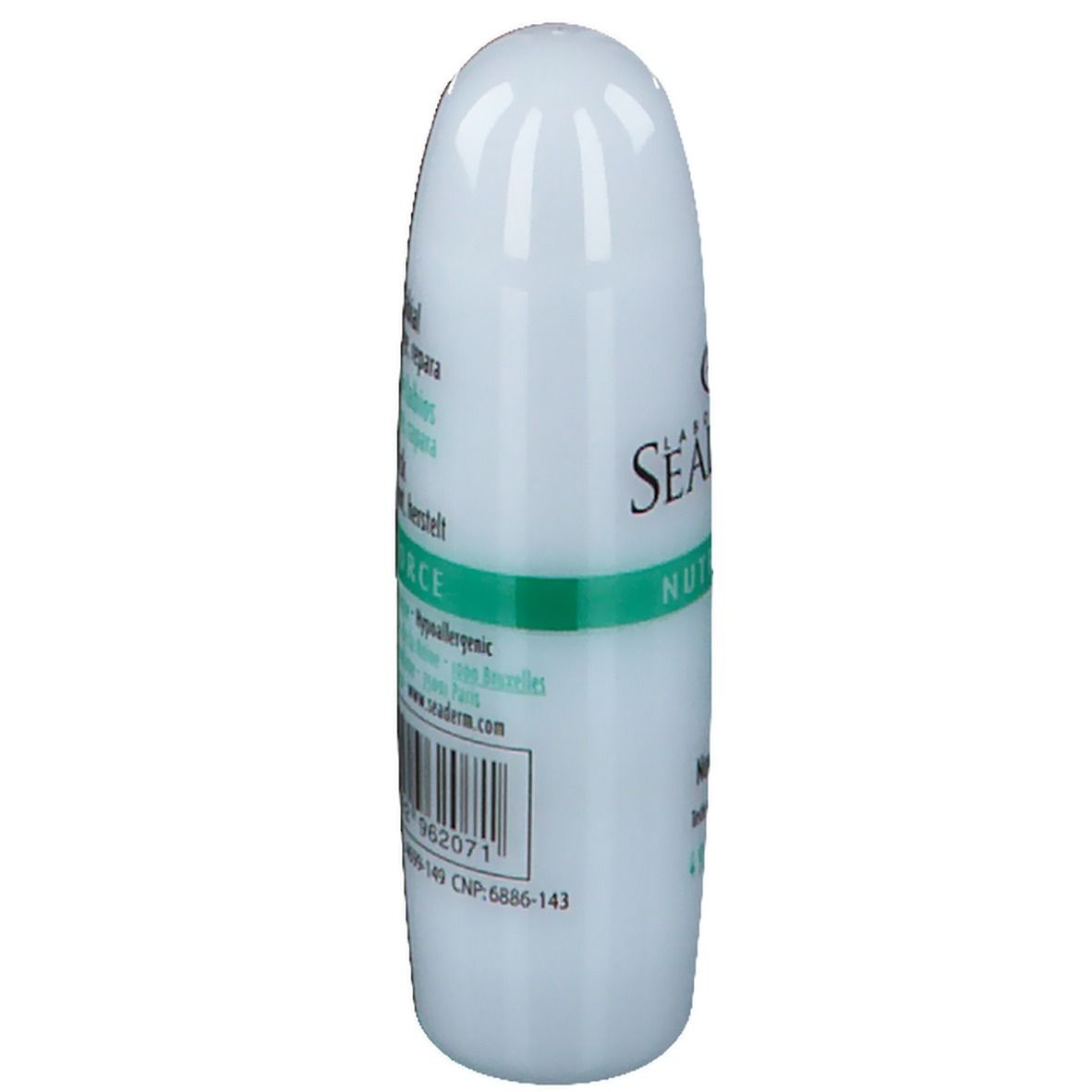 Weißer Lippenpflegestift mit grünen Akzenten. Aufschrift: Seaderm Nutriforce. Barcode.